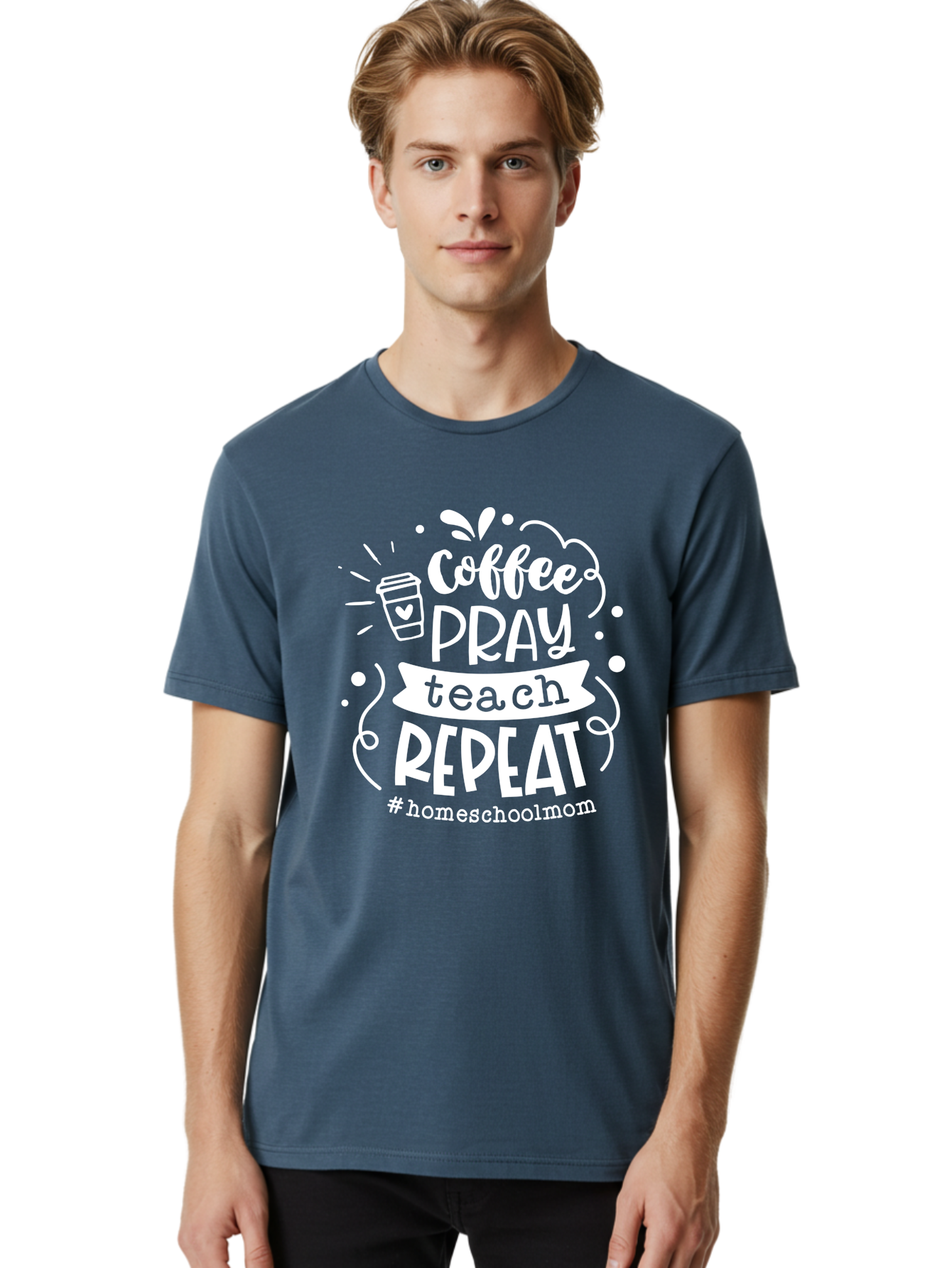 Coffee-Pray-Teach-Repeat Men'S Graphic Tee, 100% Cotton, Comfortable Casual Summer Wear, Machine Washable, Homeschool Mom, Coffee Lover, Teaching Inspiration, Homeschooling Life, Parenting Mantra, Daily Routine, Motivational Quote, Aab329