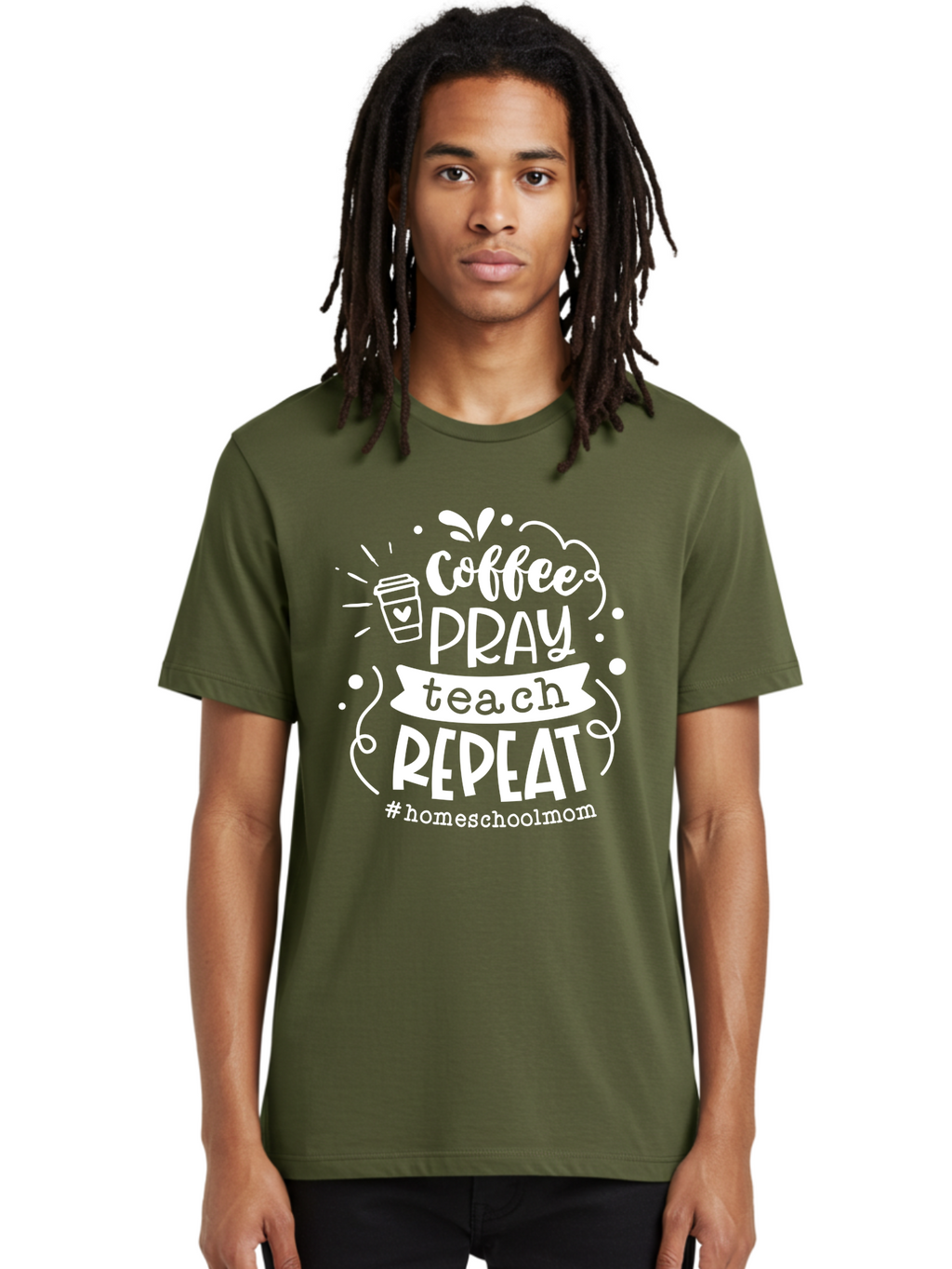 Coffee-Pray-Teach-Repeat Men'S Graphic Tee, 100% Cotton, Comfortable Casual Summer Wear, Machine Washable, Homeschool Mom, Coffee Lover, Teaching Inspiration, Homeschooling Life, Parenting Mantra, Daily Routine, Motivational Quote, Aab329