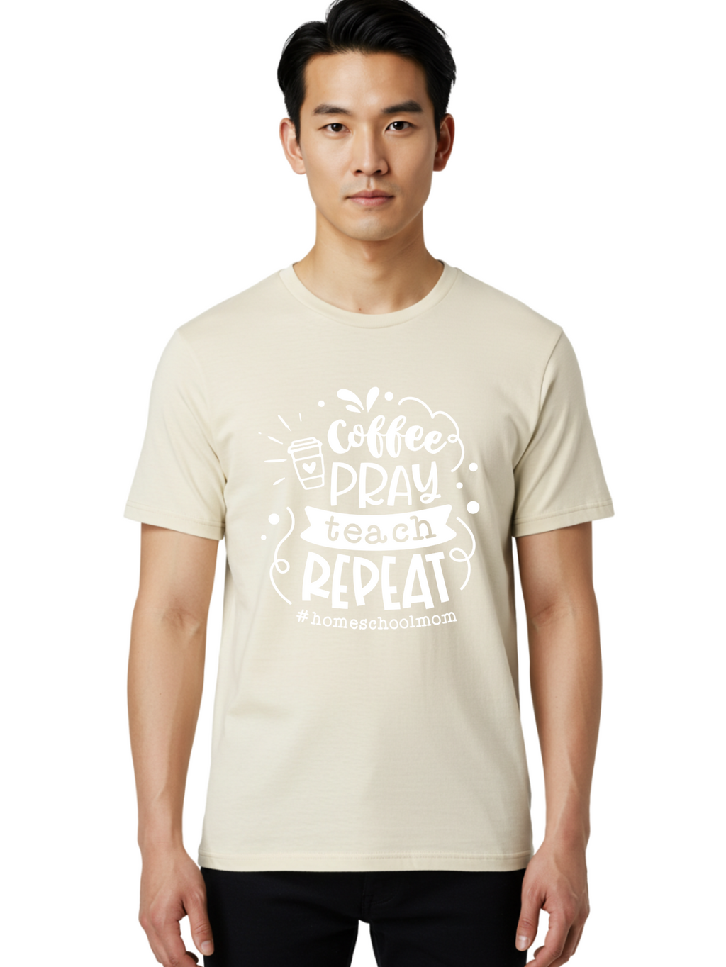 Coffee-Pray-Teach-Repeat Men'S Graphic Tee, 100% Cotton, Comfortable Casual Summer Wear, Machine Washable, Homeschool Mom, Coffee Lover, Teaching Inspiration, Homeschooling Life, Parenting Mantra, Daily Routine, Motivational Quote, Aab329