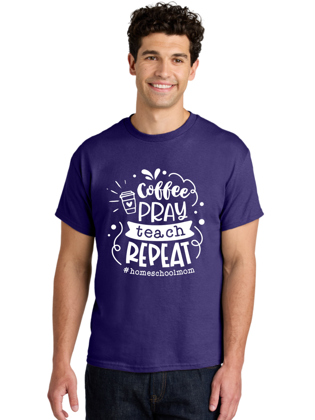 Coffee-Pray-Teach-Repeat Men'S Graphic Tee, 100% Cotton, Comfortable Casual Summer Wear, Machine Washable, Homeschool Mom, Coffee Lover, Teaching Inspiration, Homeschooling Life, Parenting Mantra, Daily Routine, Motivational Quote, Aab329