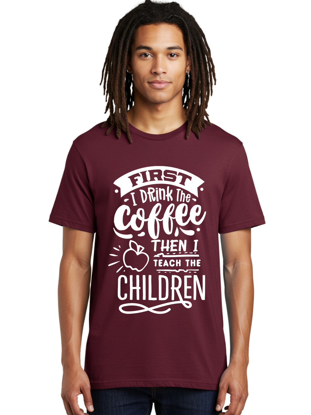 First-I-Drink-Coffee-Then-I-Teach-Children Men'S Graphic Tee, 100% Cotton, Comfortable Casual Summer Wear, Machine Washable, Funny Teacher Quotes, Coffee Lover, Teaching Humor, Education Profession, Morning Motivation, Apple Illustration, Aab330