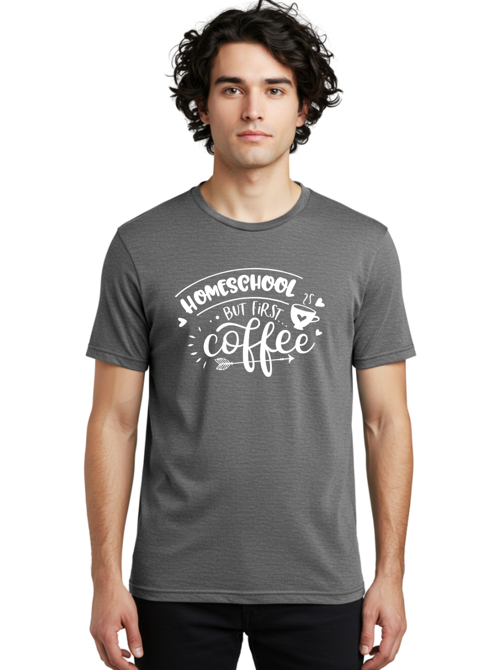 Homeschool-But-First-Coffee Men'S Graphic Tee, 100% Cotton, Comfortable Casual Summer Wear, Machine Washable, Homeschool Humor, Coffee Lover, Homeschooling Parents, Funny Quote, Morning Motivation, Coffee Fueled, Parenting Life, Aab335