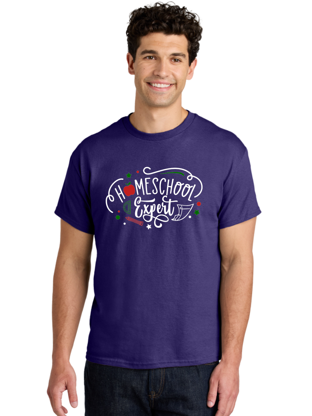 Homeschool-Expert-2 Men'S Graphic Tee, 100% Cotton, Comfortable Casual Summer Wear, Machine Washable, Homeschooling, Education, Learning, Teaching, Apple, Pencil, Ruler, Education Expert, Homeschool Expert, Online Learning, Aab337