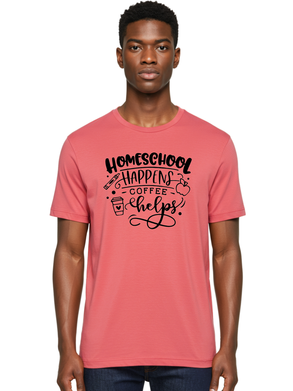 Homeschool-Happens-Coffee-Helps-1 Men'S Graphic Tee, 100% Cotton, Comfortable Casual Summer Wear, Machine Washable, Homeschooling, Coffee Culture, Educational Quotes, Inspirational Sayings, Homeschool Parents, Coffee Lovers, Funny Quotes, Aab340