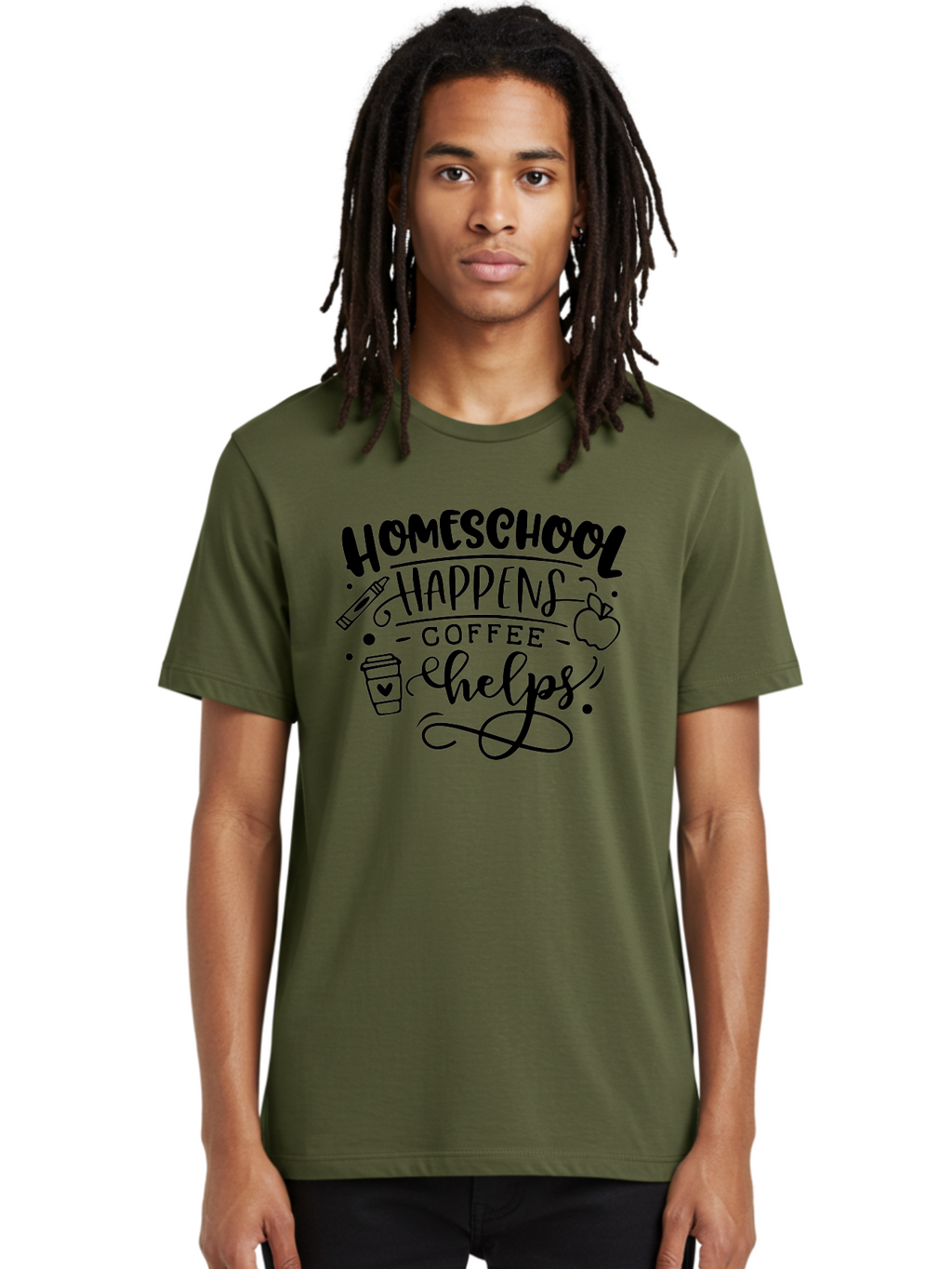 Homeschool-Happens-Coffee-Helps-1 Men'S Graphic Tee, 100% Cotton, Comfortable Casual Summer Wear, Machine Washable, Homeschooling, Coffee Culture, Educational Quotes, Inspirational Sayings, Homeschool Parents, Coffee Lovers, Funny Quotes, Aab340