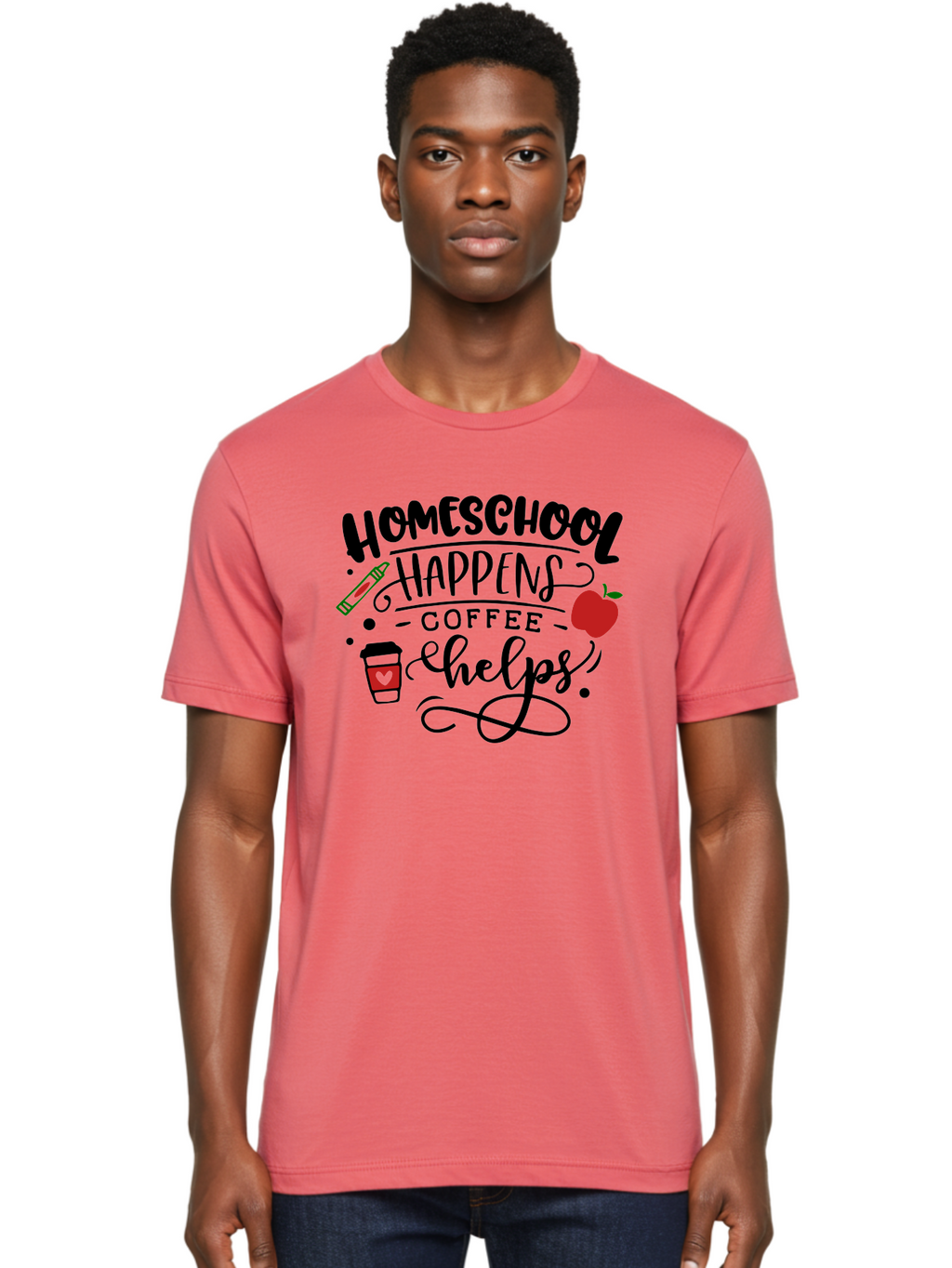 Homeschool-Happens-Coffee-Helps Men'S Graphic Tee, 100% Cotton, Comfortable Casual Summer Wear, Machine Washable, Homeschool, Coffee Lover, Homeschooling, Coffee Fuel, Education, Teaching, Learning, Coffee Break, Homeschool Mom, Funny Quote Aab341