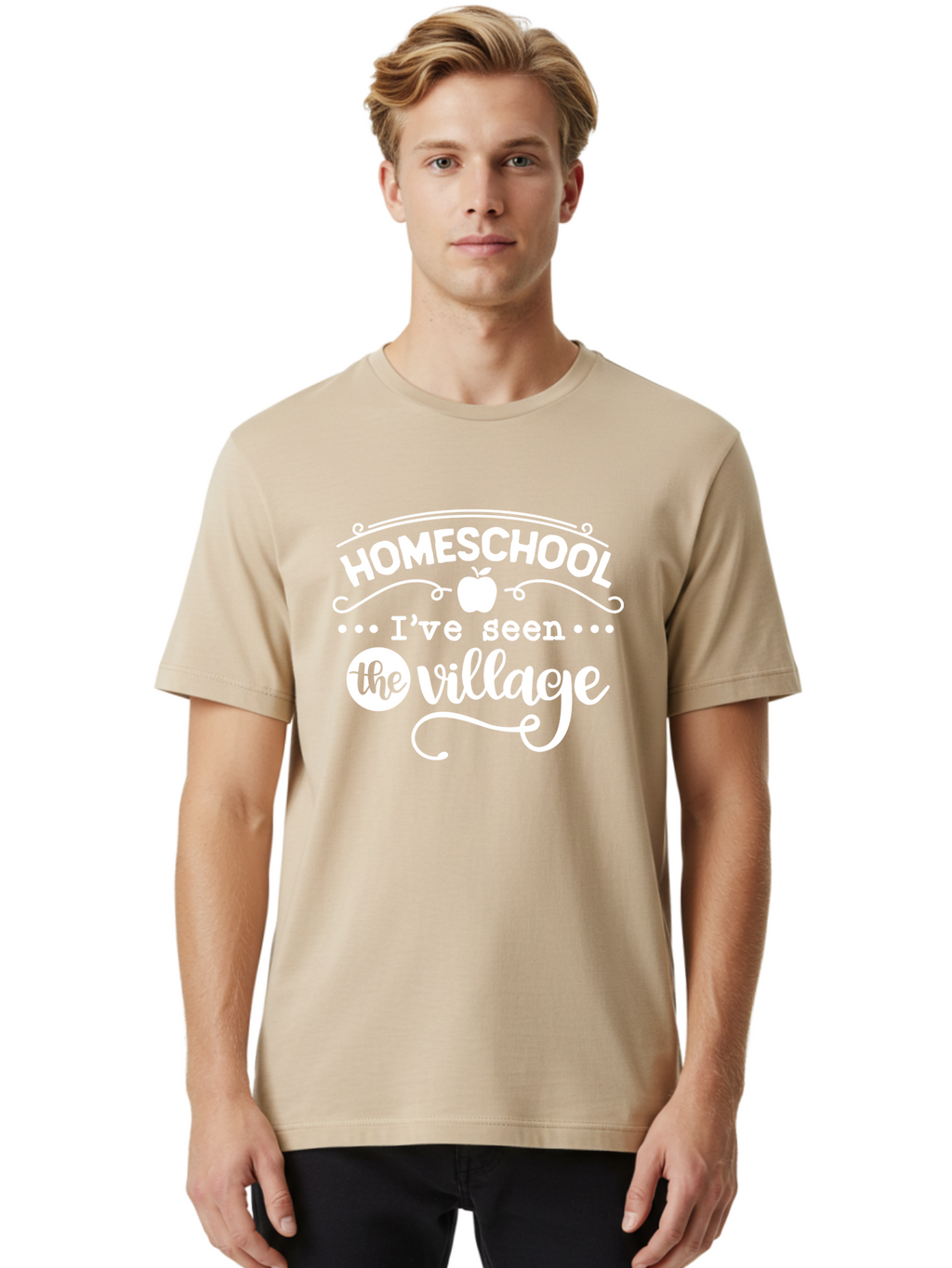 Homeschool-I-Ve-Seen-The-Village-1 Men'S Graphic Tee, 100% Cotton, Comfortable Casual Summer Wear, Machine Washable, Homeschool, Village, Inspirational Quote, Apple Symbol, Education, Learning, Alternative Schooling, Personalized Learning, Aab342