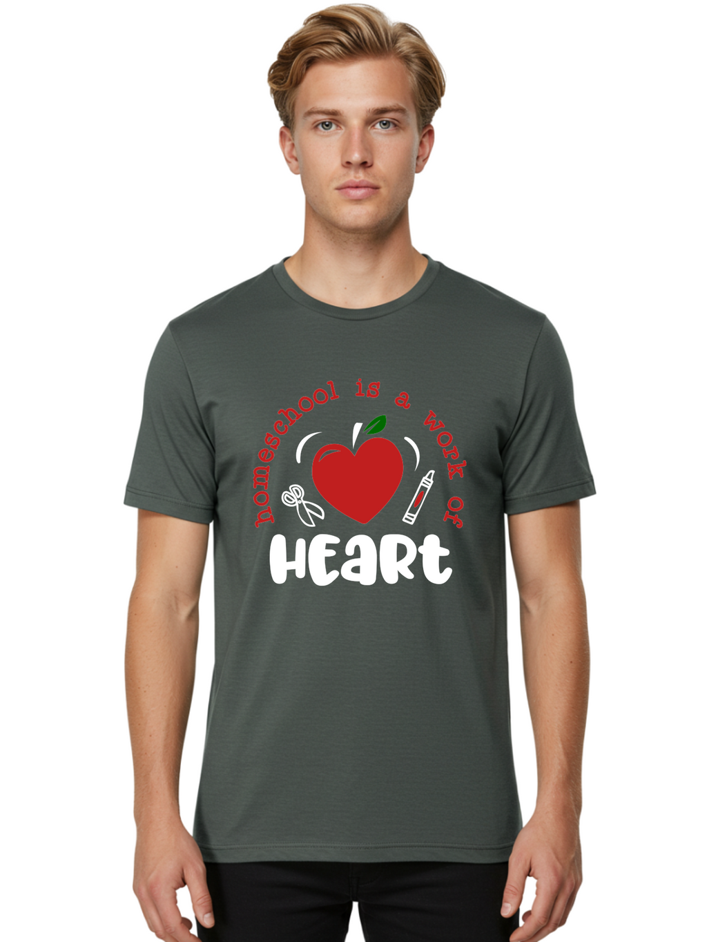 Homeschool-Is-A-Work-Of-Heart-1 Men'S Graphic Tee, 100% Cotton, Comfortable Casual Summer Wear, Machine Washable, Homeschooling, Heart-Shaped Apple, Educational Graphics, School Supplies, Red Crayon, Inspirational Quote, Home Education, Aab346