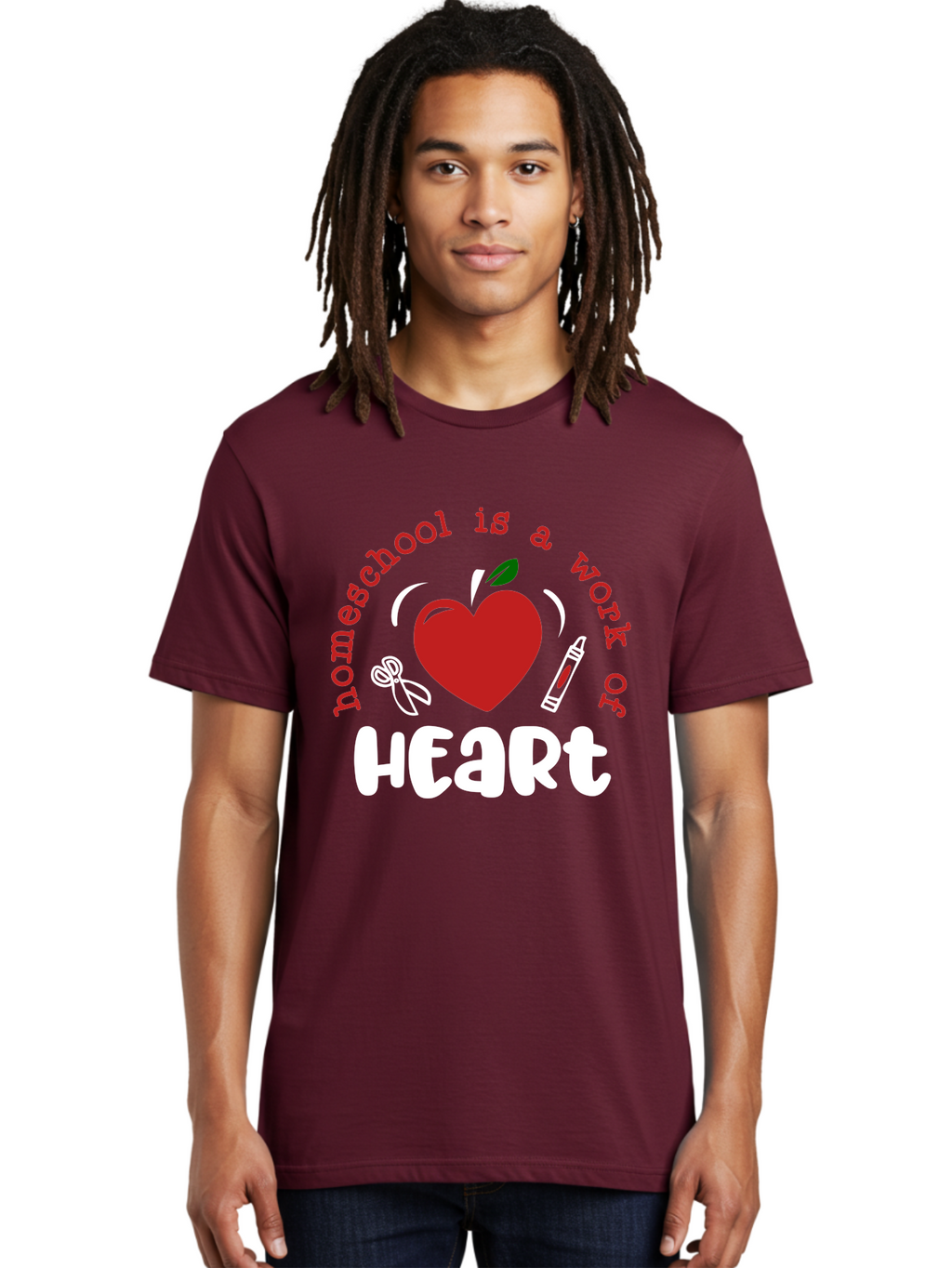 Homeschool-Is-A-Work-Of-Heart-1 Men'S Graphic Tee, 100% Cotton, Comfortable Casual Summer Wear, Machine Washable, Homeschooling, Heart-Shaped Apple, Educational Graphics, School Supplies, Red Crayon, Inspirational Quote, Home Education, Aab346