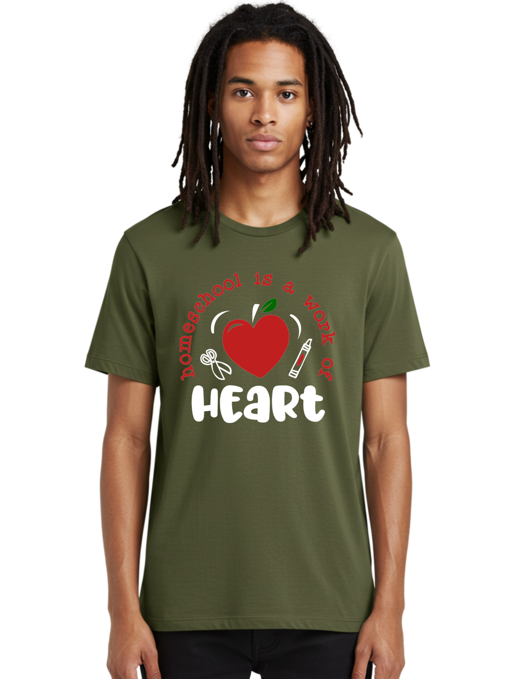 Homeschool-Is-A-Work-Of-Heart-1 Men'S Graphic Tee, 100% Cotton, Comfortable Casual Summer Wear, Machine Washable, Homeschooling, Heart-Shaped Apple, Educational Graphics, School Supplies, Red Crayon, Inspirational Quote, Home Education, Aab346