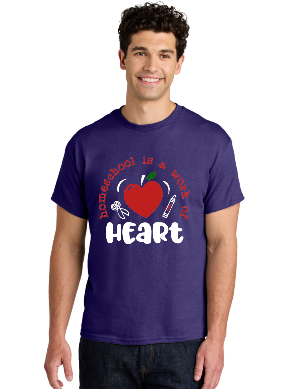 Homeschool-Is-A-Work-Of-Heart-1 Men'S Graphic Tee, 100% Cotton, Comfortable Casual Summer Wear, Machine Washable, Homeschooling, Heart-Shaped Apple, Educational Graphics, School Supplies, Red Crayon, Inspirational Quote, Home Education, Aab346