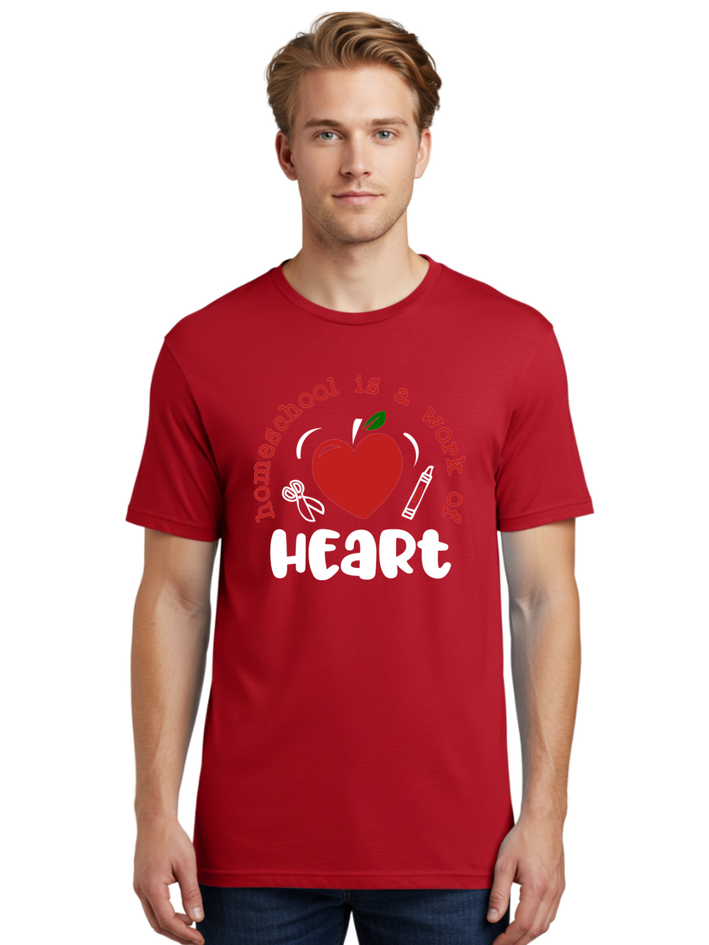 Homeschool-Is-A-Work-Of-Heart-1 Men'S Graphic Tee, 100% Cotton, Comfortable Casual Summer Wear, Machine Washable, Homeschooling, Heart-Shaped Apple, Educational Graphics, School Supplies, Red Crayon, Inspirational Quote, Home Education, Aab346