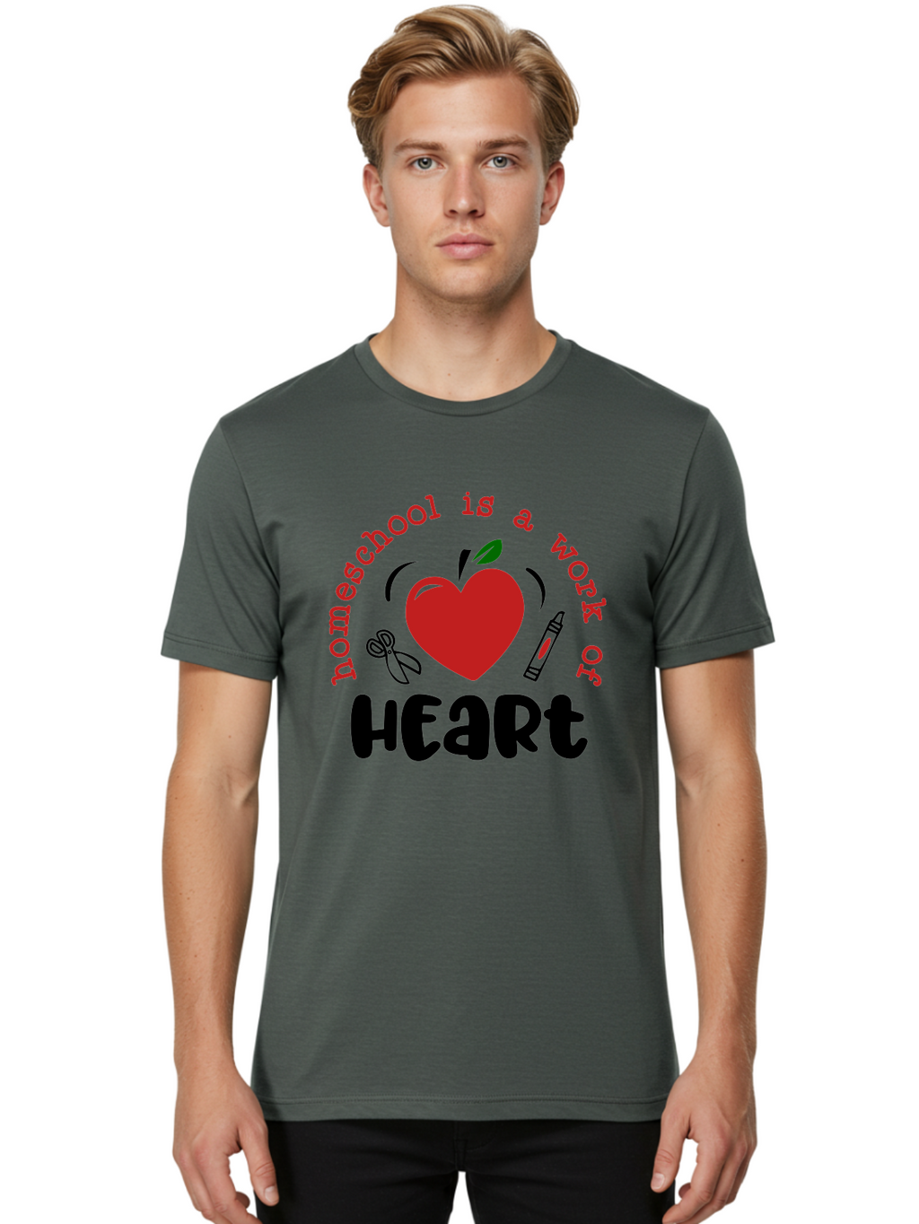 Homeschool-Is-A-Work-Of-Heart-2 Men'S Graphic Tee, 100% Cotton, Comfortable Casual Summer Wear, Machine Washable, Homeschooling, Heartwork, Education, Love, Apple, Crayon, Learning, Teaching, Homeschool Life, Art, Heart, Personalized Learning Aab347