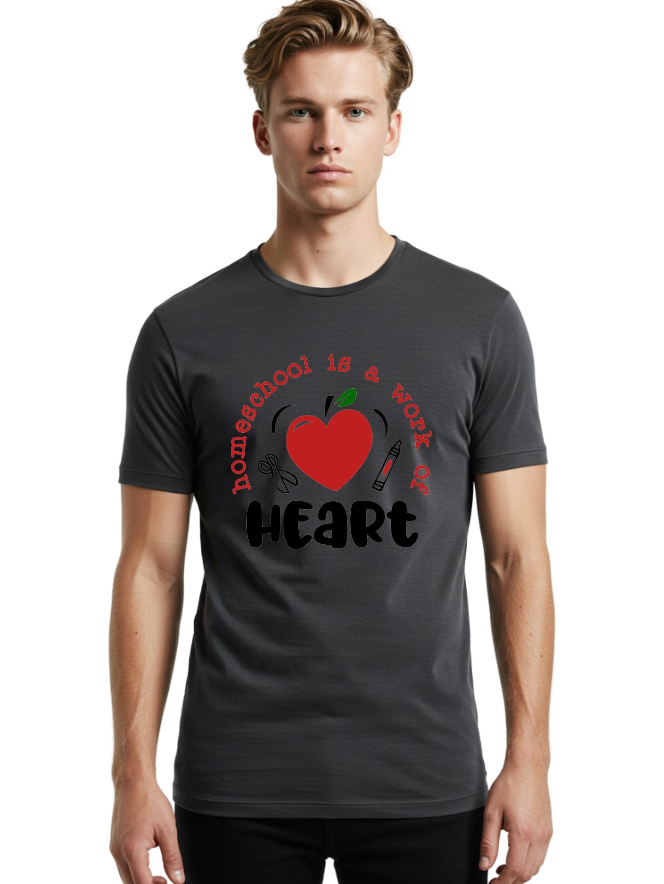 Homeschool-Is-A-Work-Of-Heart-2 Men'S Graphic Tee, 100% Cotton, Comfortable Casual Summer Wear, Machine Washable, Homeschooling, Heartwork, Education, Love, Apple, Crayon, Learning, Teaching, Homeschool Life, Art, Heart, Personalized Learning Aab347