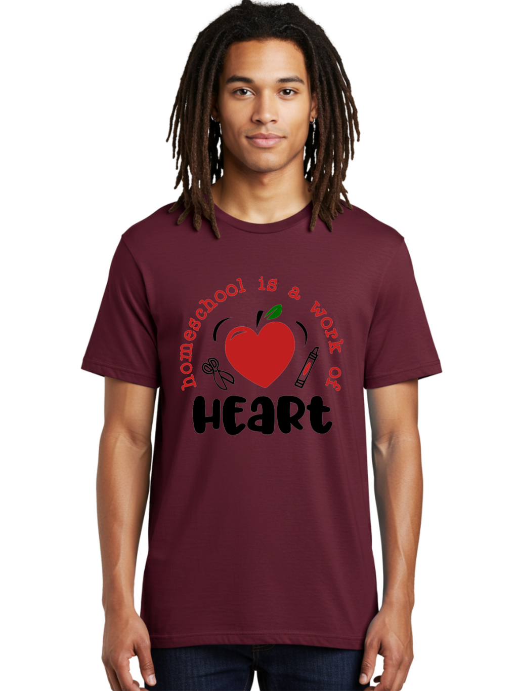 Homeschool-Is-A-Work-Of-Heart-2 Men'S Graphic Tee, 100% Cotton, Comfortable Casual Summer Wear, Machine Washable, Homeschooling, Heartwork, Education, Love, Apple, Crayon, Learning, Teaching, Homeschool Life, Art, Heart, Personalized Learning Aab347