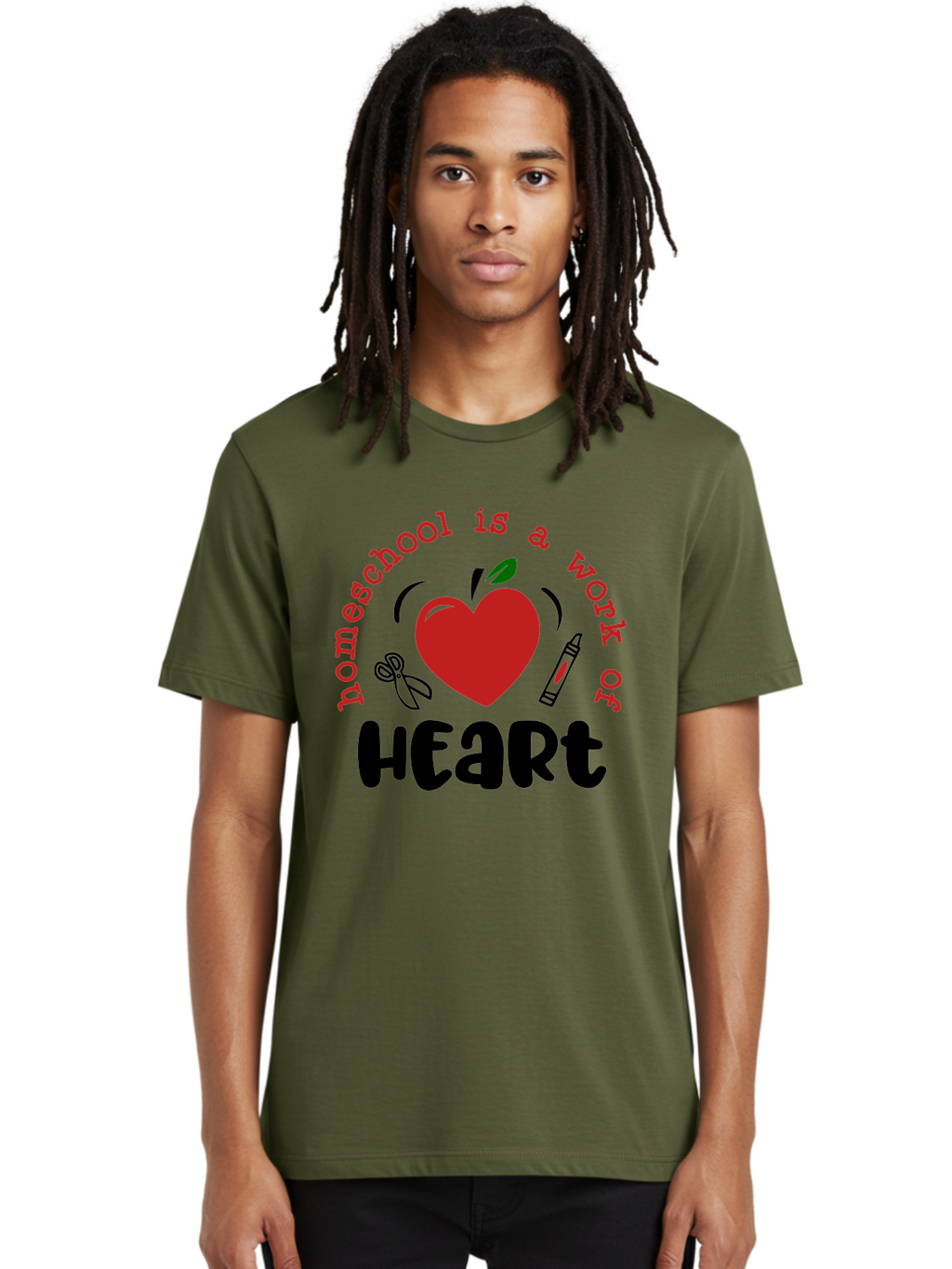 Homeschool-Is-A-Work-Of-Heart-2 Men'S Graphic Tee, 100% Cotton, Comfortable Casual Summer Wear, Machine Washable, Homeschooling, Heartwork, Education, Love, Apple, Crayon, Learning, Teaching, Homeschool Life, Art, Heart, Personalized Learning Aab347
