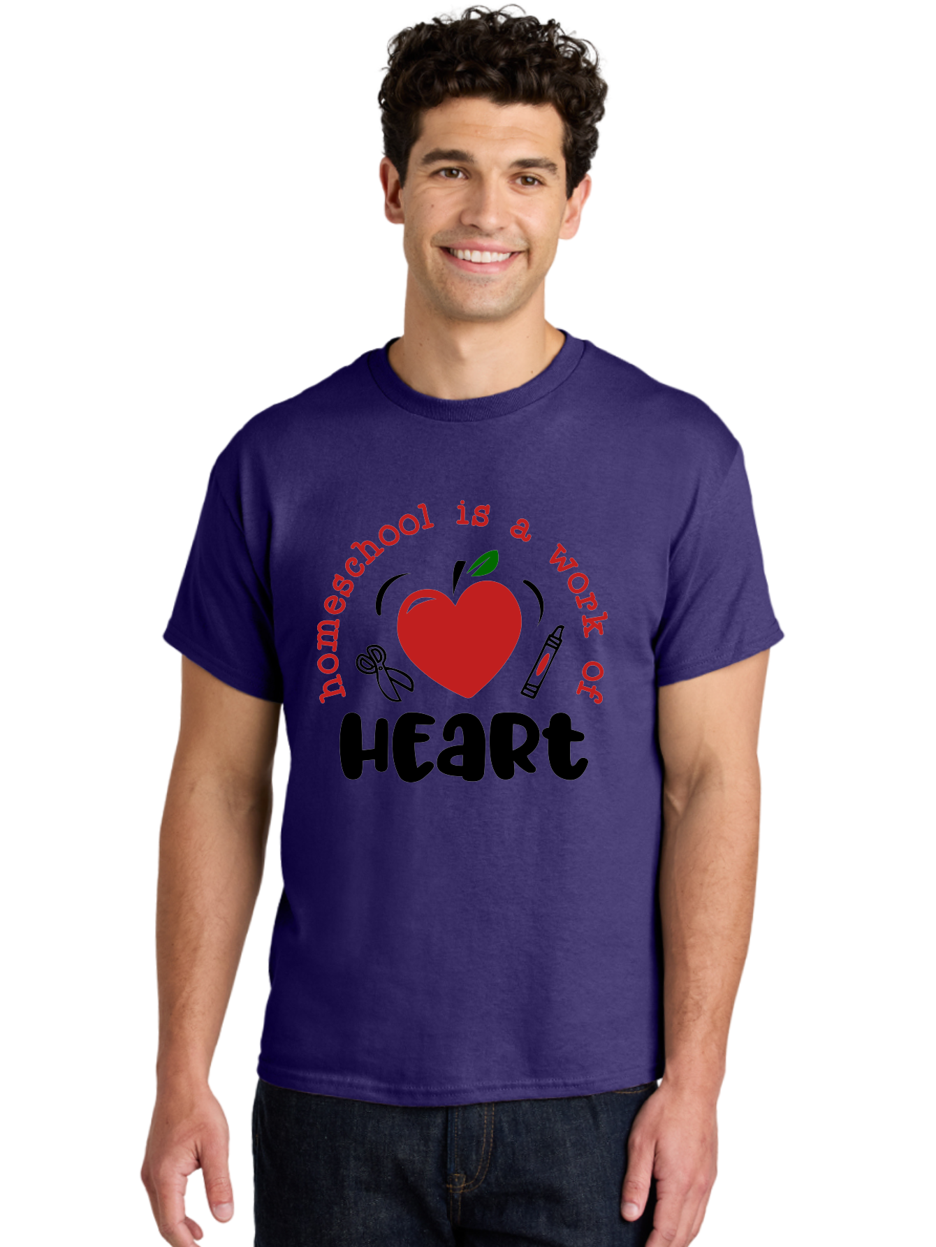 Homeschool-Is-A-Work-Of-Heart-2 Men'S Graphic Tee, 100% Cotton, Comfortable Casual Summer Wear, Machine Washable, Homeschooling, Heartwork, Education, Love, Apple, Crayon, Learning, Teaching, Homeschool Life, Art, Heart, Personalized Learning Aab347