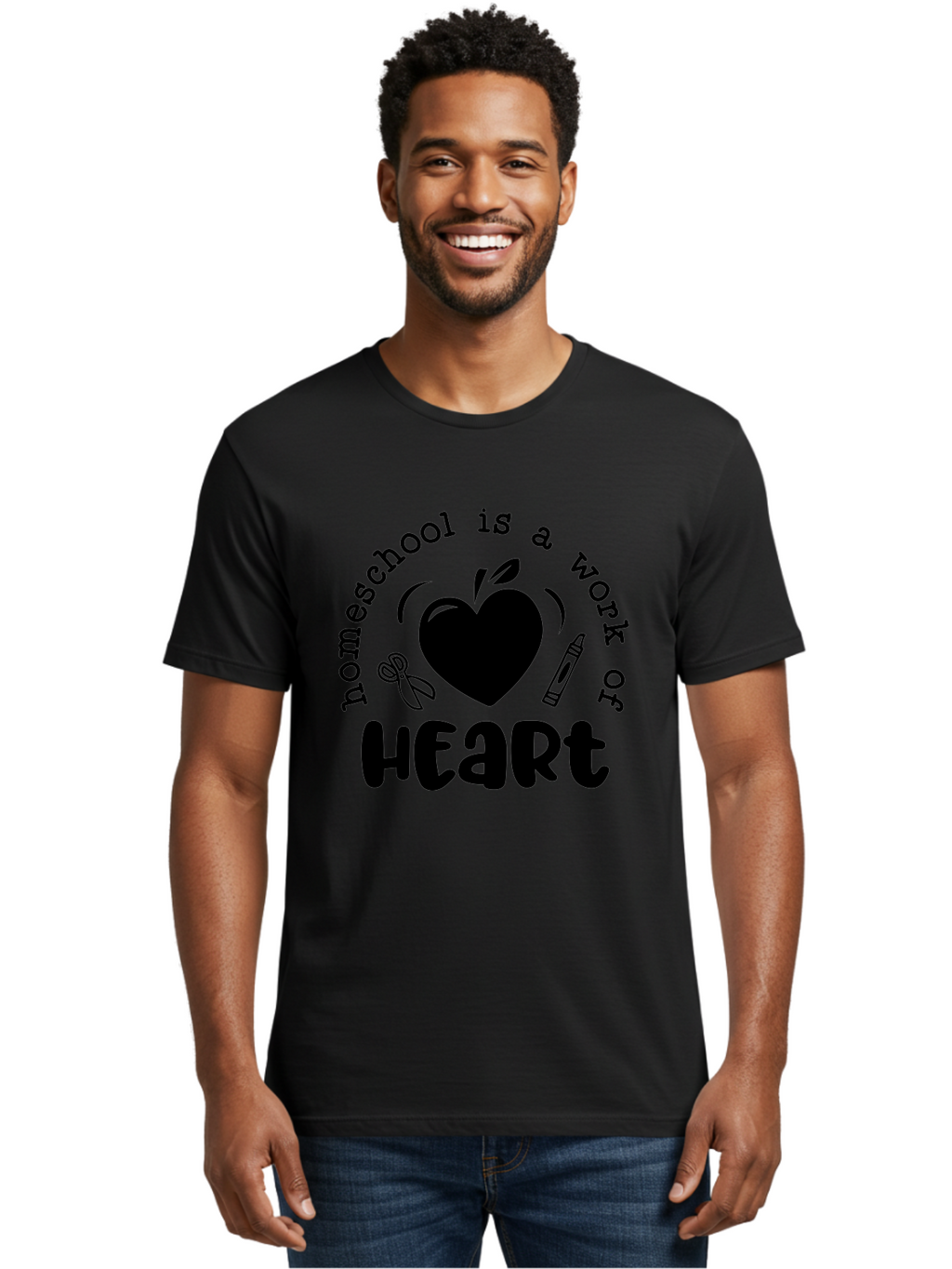 Homeschool-Is-A-Work-Of-Heart-3 Men'S Graphic Tee, 100% Cotton, Comfortable Casual Summer Wear, Machine Washable, Homeschooling, Home Education, Personalized Learning, Apple Symbol, Heart, Crayon, Creative Learning, Diy Education, Aab348