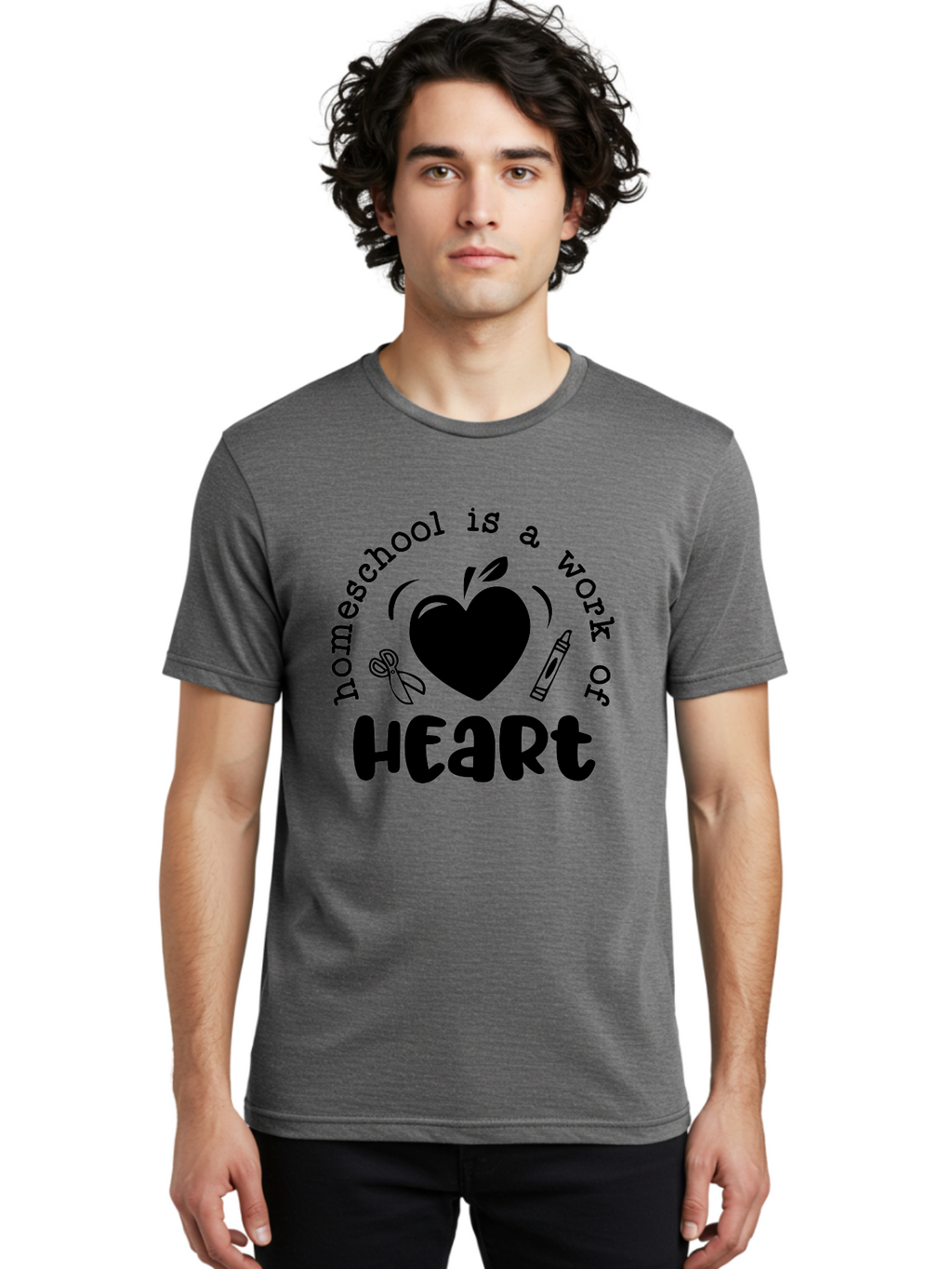 Homeschool-Is-A-Work-Of-Heart-3 Men'S Graphic Tee, 100% Cotton, Comfortable Casual Summer Wear, Machine Washable, Homeschooling, Home Education, Personalized Learning, Apple Symbol, Heart, Crayon, Creative Learning, Diy Education, Aab348