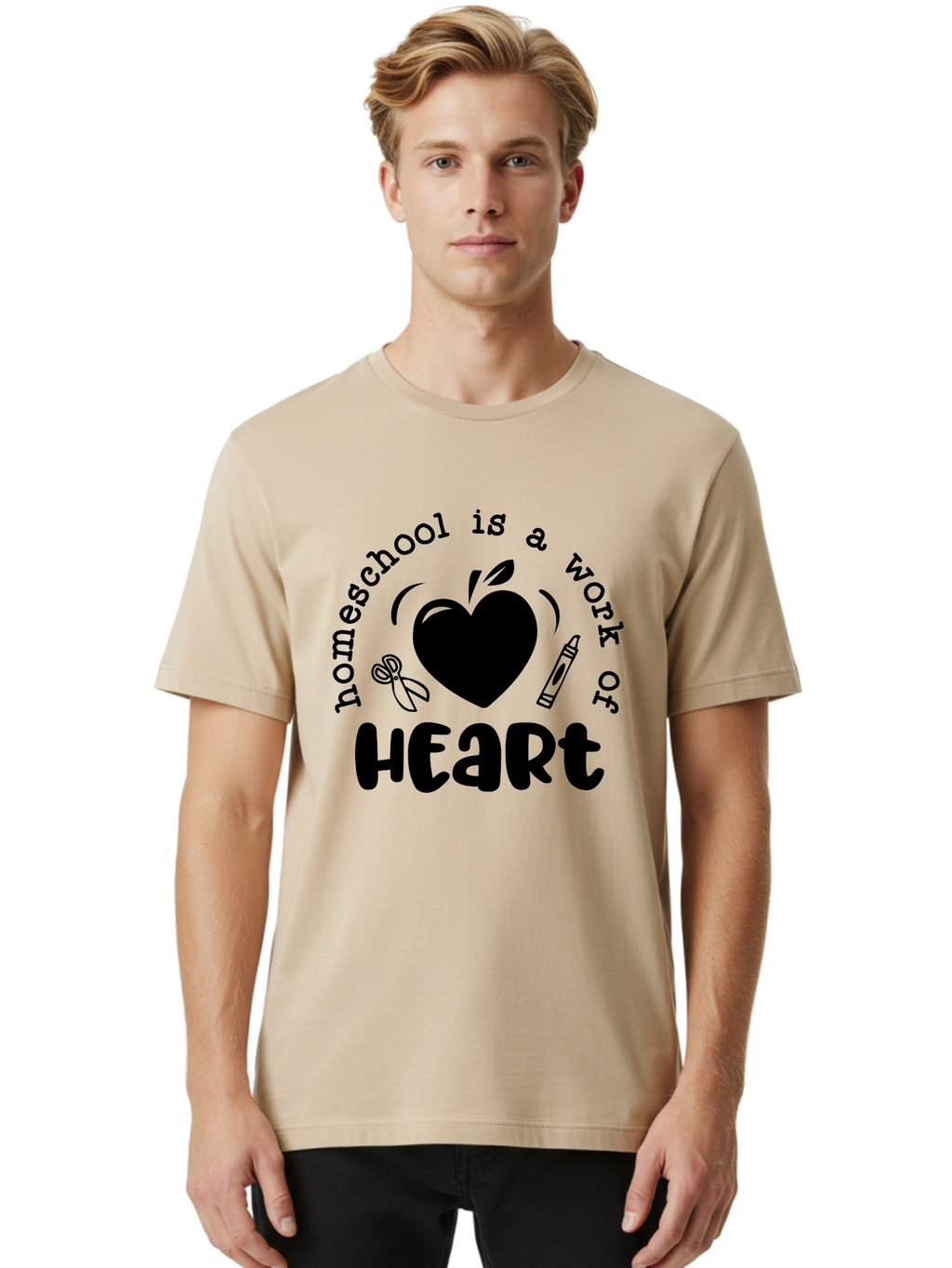 Homeschool-Is-A-Work-Of-Heart-3 Men'S Graphic Tee, 100% Cotton, Comfortable Casual Summer Wear, Machine Washable, Homeschooling, Home Education, Personalized Learning, Apple Symbol, Heart, Crayon, Creative Learning, Diy Education, Aab348