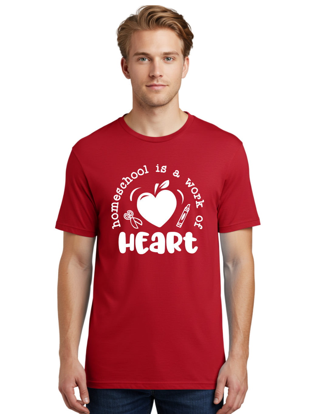 Homeschool-Is-A-Work-Of-Heart-4 Men'S Graphic Tee, 100% Cotton, Comfortable Casual Summer Wear, Machine Washable, Homeschooling Quote, Apple With Heart, Creative Education, Heartwarming Learning, Personalized Schooling, Aab349
