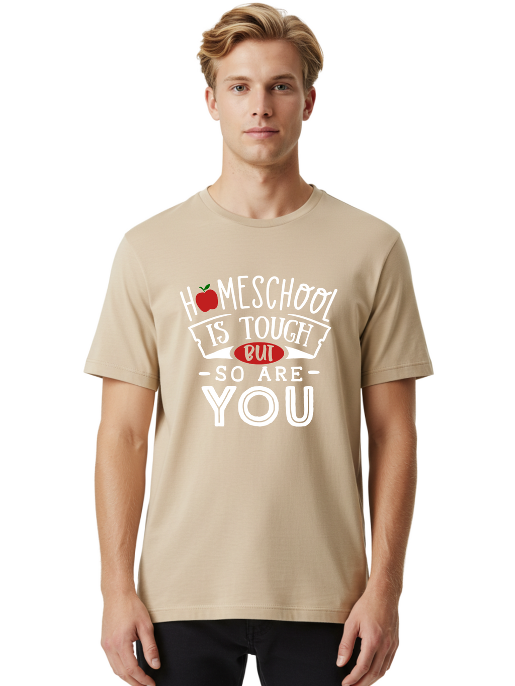 Homeschool-Is-Tough-But-So-Are-You-2 Men'S Graphic Tee, 100% Cotton, Comfortable Casual Summer Wear, Machine Washable, Homeschool, Motivational Quote, Inspirational Message, Apple Symbol, Education, Perseverance, Resilience, Empowerment Aab354