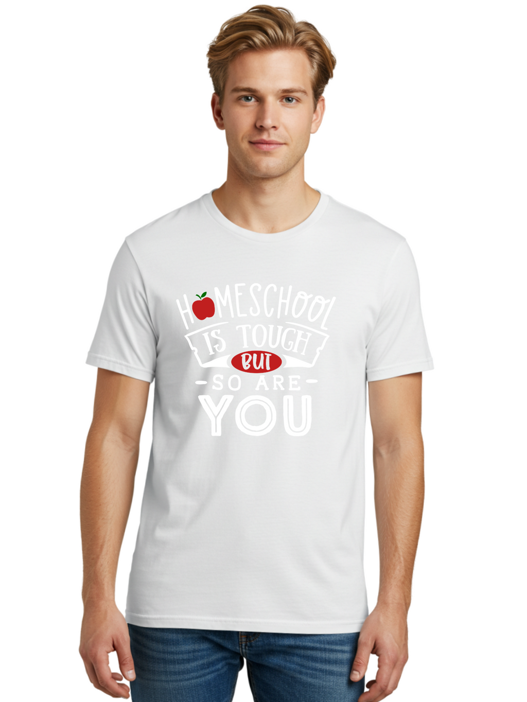 Homeschool-Is-Tough-But-So-Are-You-2 Men'S Graphic Tee, 100% Cotton, Comfortable Casual Summer Wear, Machine Washable, Homeschool, Motivational Quote, Inspirational Message, Apple Symbol, Education, Perseverance, Resilience, Empowerment Aab354