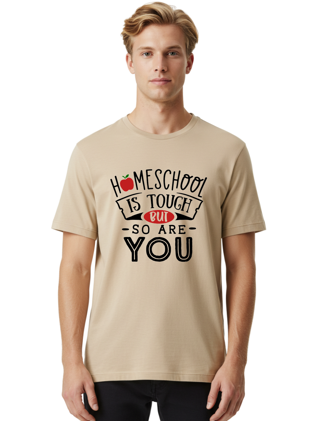 Homeschool-Is-Tough-But-So-Are-You-3 Men'S Graphic Tee, 100% Cotton, Comfortable Casual Summer Wear, Machine Washable, Homeschool, Motivational Quote, Inspirational Saying, Education, Learning, Teaching, Encouragement, Positivity, Apple Symbol Aab355