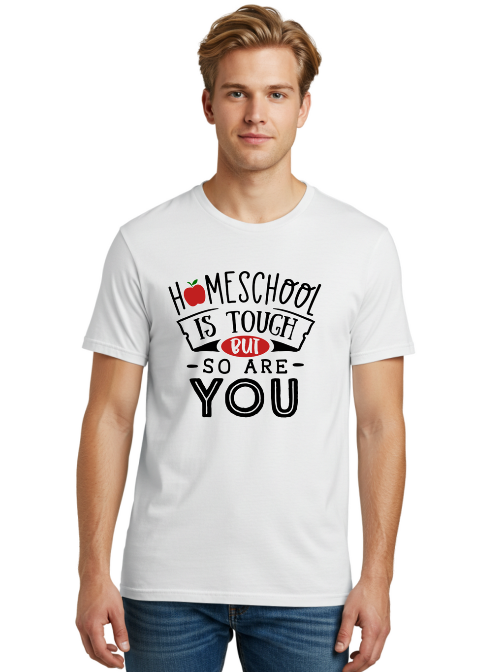 Homeschool-Is-Tough-But-So-Are-You-3 Men'S Graphic Tee, 100% Cotton, Comfortable Casual Summer Wear, Machine Washable, Homeschool, Motivational Quote, Inspirational Saying, Education, Learning, Teaching, Encouragement, Positivity, Apple Symbol Aab355