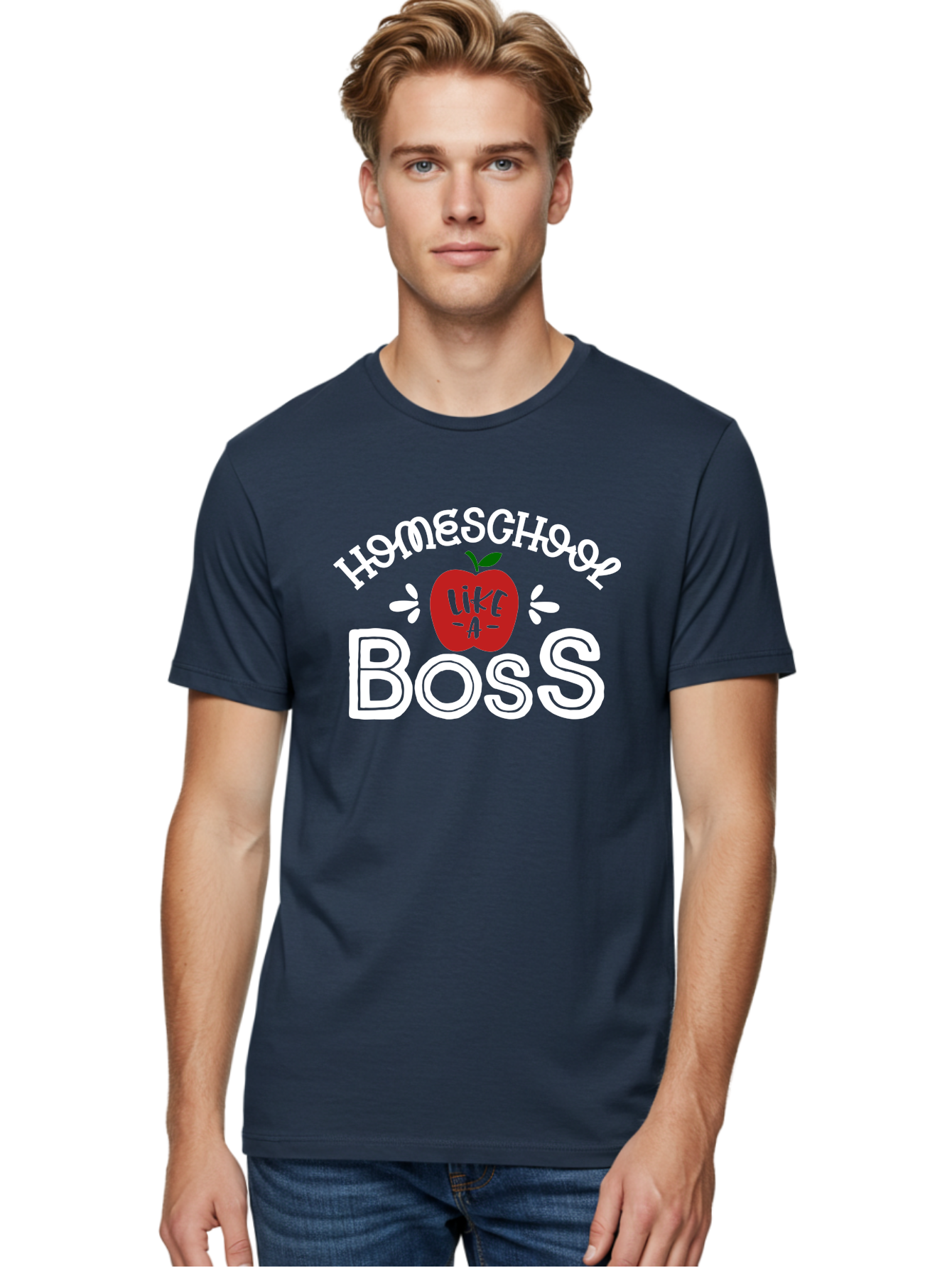 Homeschool-Like-A-Boss-1 Men'S Graphic Tee, 100% Cotton, Comfortable Casual Summer Wear, Machine Washable, Homeschool, Boss, Like A Boss, Apple, Teaching, Education, Homeschooling, Learning, Leadership, Empowerment, Motivational Quote, Aab358