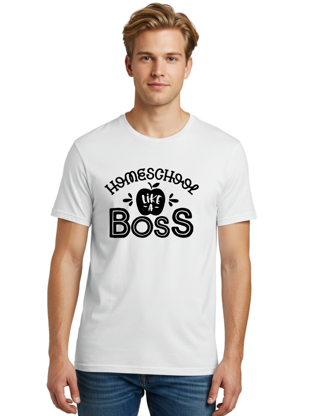 Homeschool-Like-A-Boss Men'S Graphic Tee, 100% Cotton, Comfortable Casual Summer Wear, Machine Washable, Homeschool Like A Boss, Homeschooling, Education, Learning, Teaching, Boss, Apple, Motivational Quote, Inspirational Saying Aab359