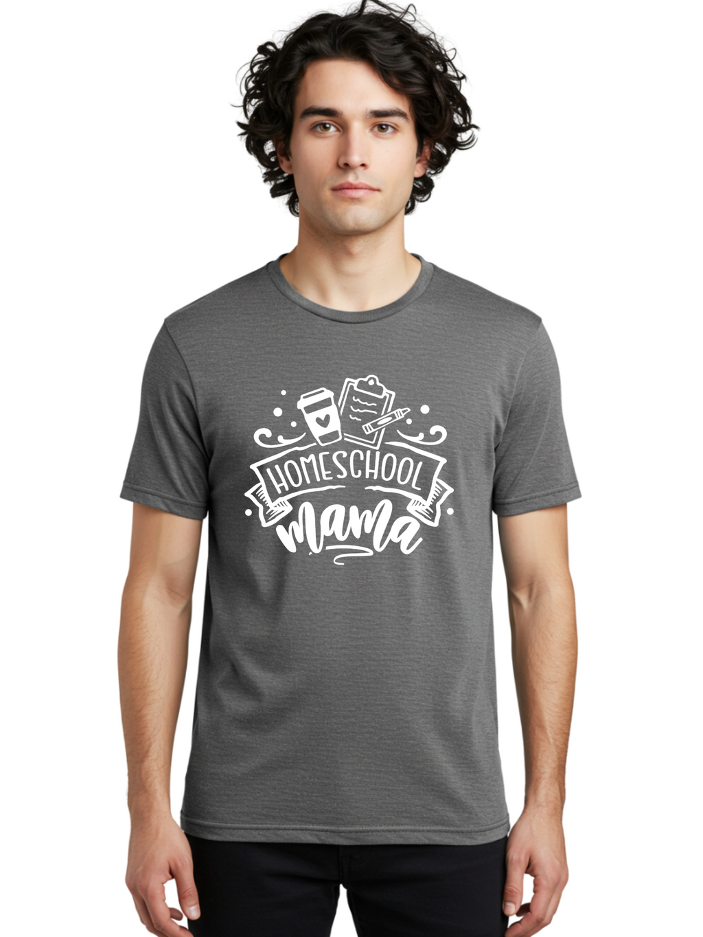 Homeschool-Mama-1 Men'S Graphic Tee, 100% Cotton, Comfortable Casual Summer Wear, Machine Washable, Homeschool Mama, Coffee Cup, Pencil, Clipboard, White Doodles, Swirls And Dots, Back To School, Homeschooling, Mom Life, Parenting, Education Aab364