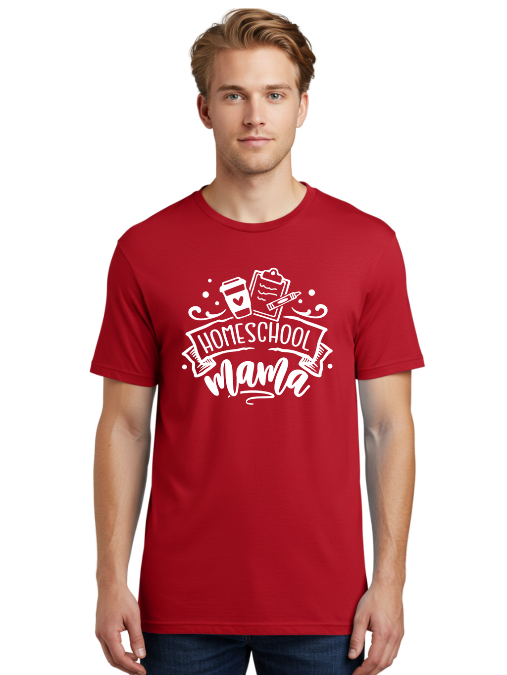 Homeschool-Mama-1 Men'S Graphic Tee, 100% Cotton, Comfortable Casual Summer Wear, Machine Washable, Homeschool Mama, Coffee Cup, Pencil, Clipboard, White Doodles, Swirls And Dots, Back To School, Homeschooling, Mom Life, Parenting, Education Aab364