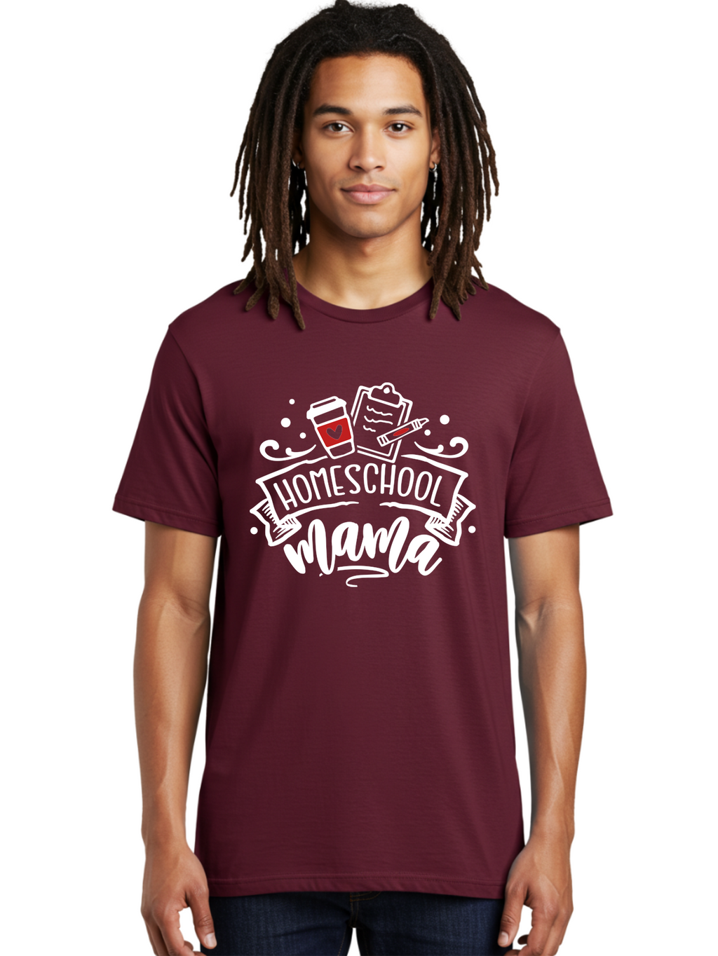 Homeschool-Mama-2 Men'S Graphic Tee, 100% Cotton, Comfortable Casual Summer Wear, Machine Washable, Homeschool Mama, Coffee Cup With Heart, Clipboard, Pencil, Educational Supplies, Home Education, Mom Life, Learning At Home, Teaching, Aab365
