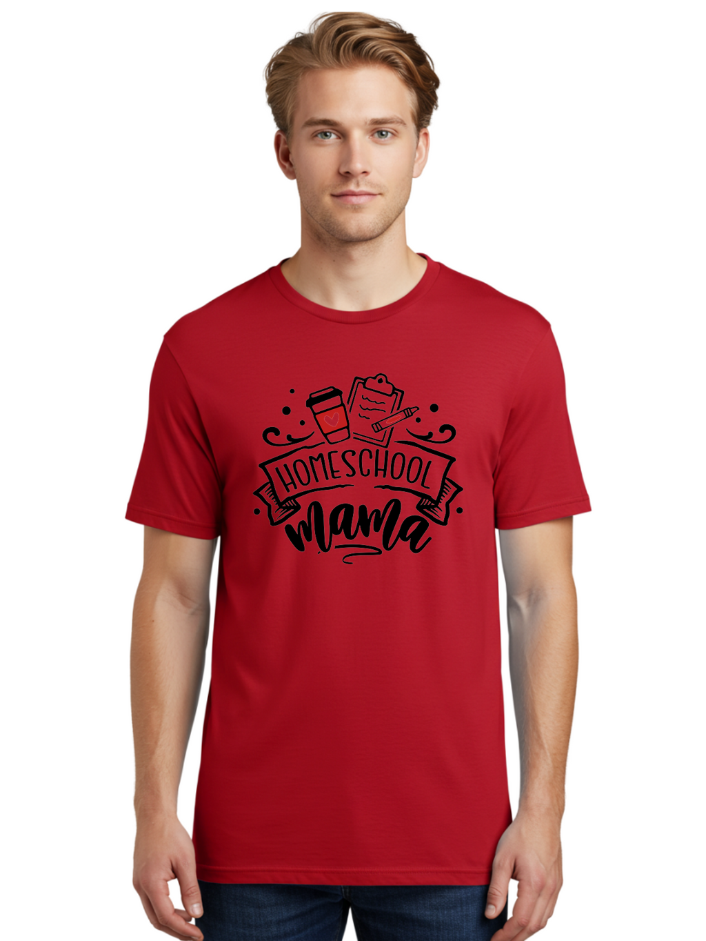 Homeschool-Mama-3 Men'S Graphic Tee, 100% Cotton, Comfortable Casual Summer Wear, Machine Washable, Homeschool Mama, Coffee Cup, Clipboard, Pencil, Homeschooling Resources, Education At Home, Motherhood, Learning Together, Coffee For Moms Aab366