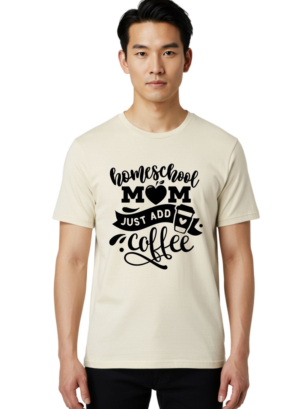 Homeschool-Mom-Just-Add-Coffee Men'S Graphic Tee, 100% Cotton, Comfortable Casual Summer Wear, Machine Washable, Homeschool Mom, Coffee Lover, Mom Life, Homeschooling, Parenting, Mom Humor, Coffee Addict, Motherhood Aab372
