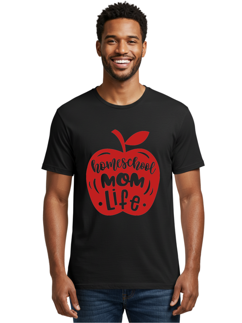 Homeschool-Mom-Life-2 Men'S Graphic Tee, 100% Cotton, Comfortable Casual Summer Wear, Machine Washable, Homeschool Mom Life, Apple Graphic, Red Apple, Green Text, Mom Life, Homeschooling, Parenting, Education, Learning At Home Aab374
