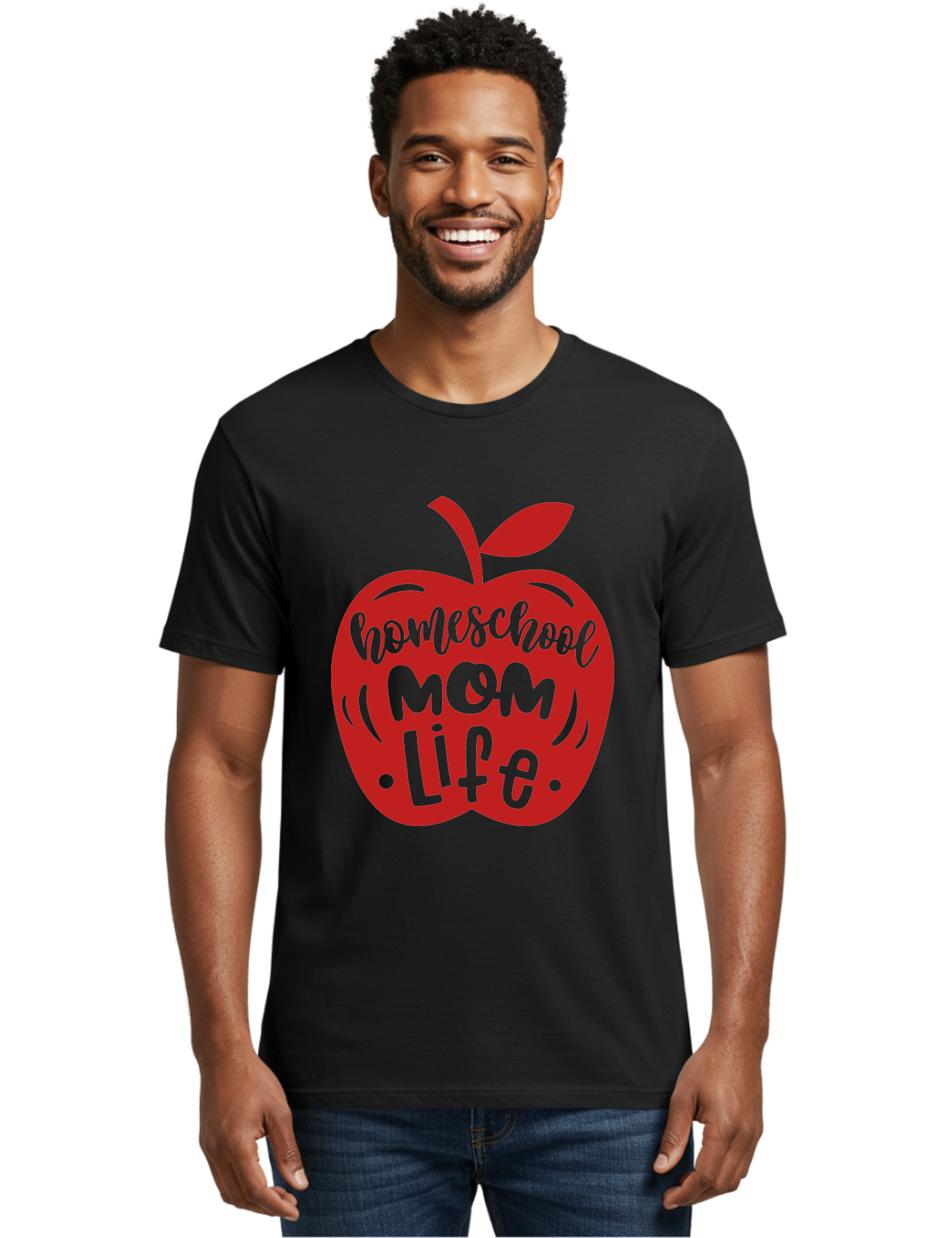Homeschool-Mom-Life-2 Men'S Graphic Tee, 100% Cotton, Comfortable Casual Summer Wear, Machine Washable, Homeschool Mom Life, Apple Graphic, Red Apple, Green Text, Mom Life, Homeschooling, Parenting, Education, Learning At Home Aab374