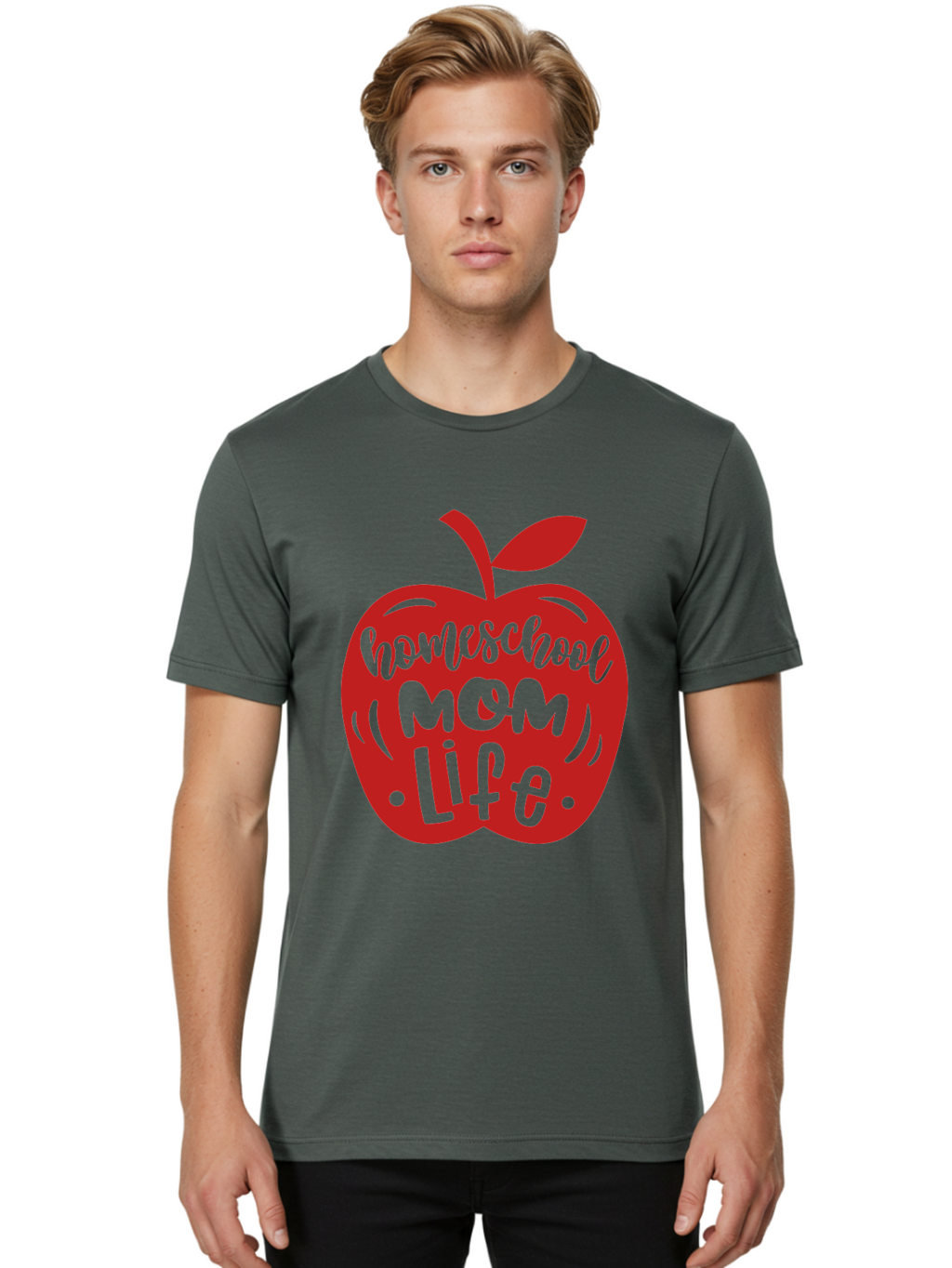 Homeschool-Mom-Life-2 Men'S Graphic Tee, 100% Cotton, Comfortable Casual Summer Wear, Machine Washable, Homeschool Mom Life, Apple Graphic, Red Apple, Green Text, Mom Life, Homeschooling, Parenting, Education, Learning At Home Aab374