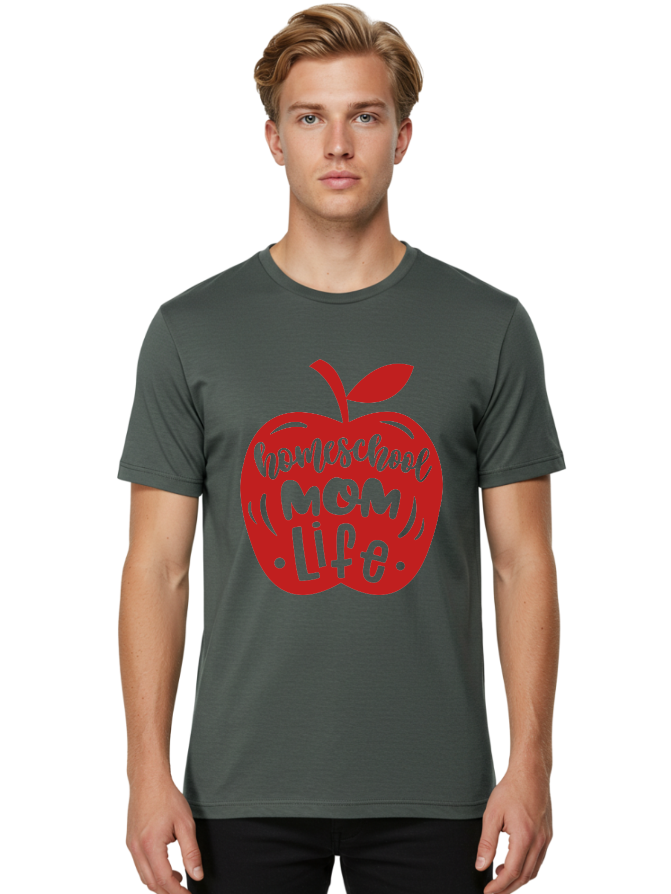 Homeschool-Mom-Life-2 Men'S Graphic Tee, 100% Cotton, Comfortable Casual Summer Wear, Machine Washable, Homeschool Mom Life, Apple Graphic, Red Apple, Green Text, Mom Life, Homeschooling, Parenting, Education, Learning At Home Aab374
