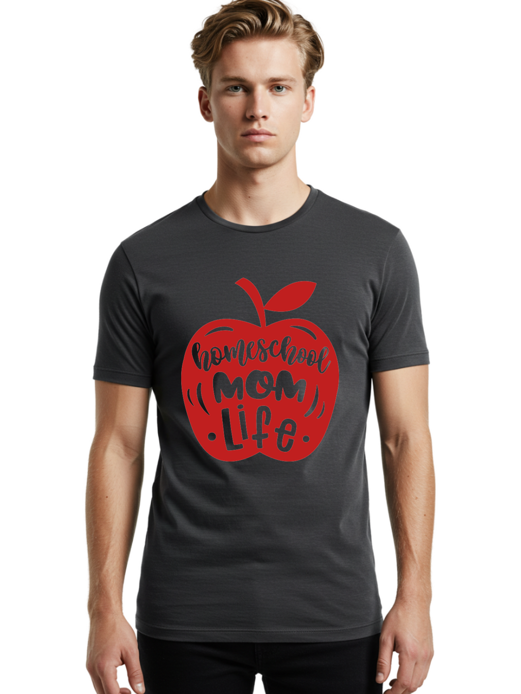 Homeschool-Mom-Life-2 Men'S Graphic Tee, 100% Cotton, Comfortable Casual Summer Wear, Machine Washable, Homeschool Mom Life, Apple Graphic, Red Apple, Green Text, Mom Life, Homeschooling, Parenting, Education, Learning At Home Aab374