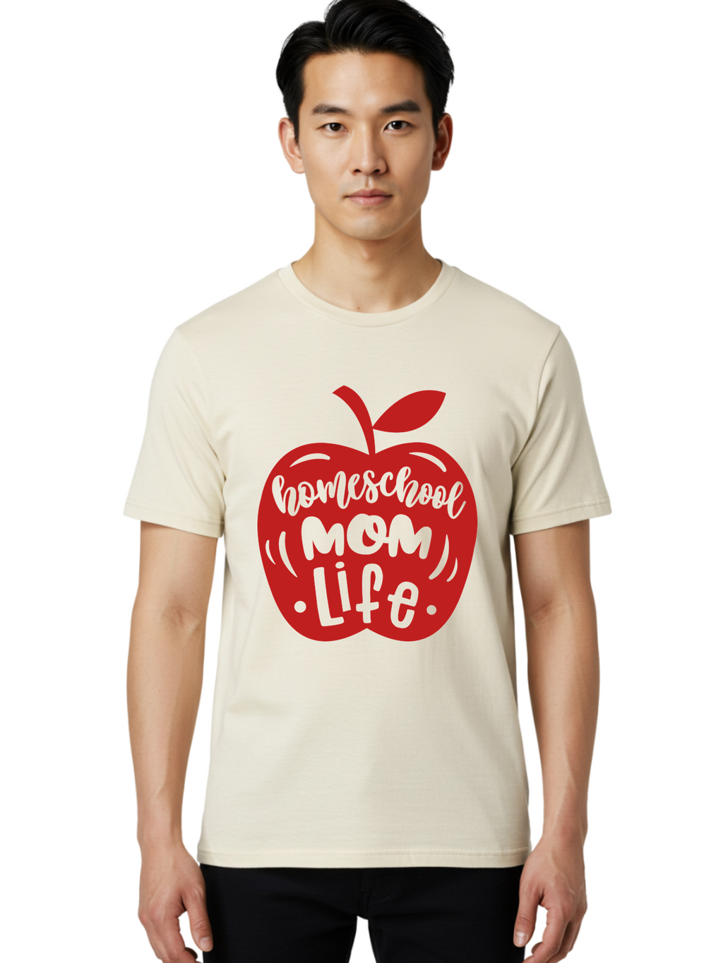 Homeschool-Mom-Life-2 Men'S Graphic Tee, 100% Cotton, Comfortable Casual Summer Wear, Machine Washable, Homeschool Mom Life, Apple Graphic, Red Apple, Green Text, Mom Life, Homeschooling, Parenting, Education, Learning At Home Aab374