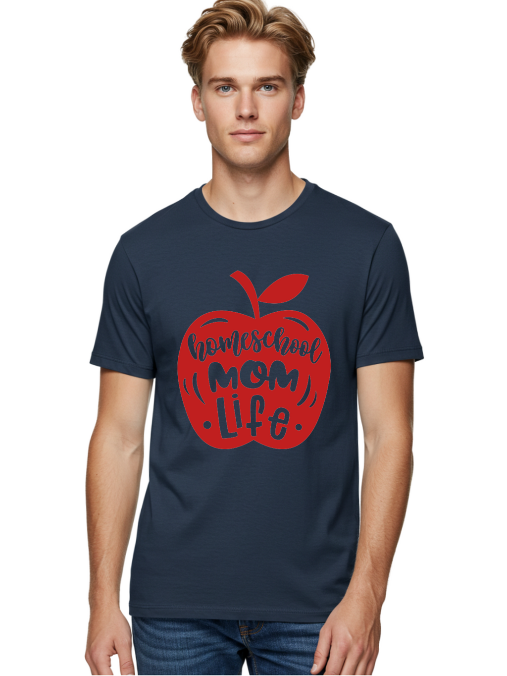 Homeschool-Mom-Life-2 Men'S Graphic Tee, 100% Cotton, Comfortable Casual Summer Wear, Machine Washable, Homeschool Mom Life, Apple Graphic, Red Apple, Green Text, Mom Life, Homeschooling, Parenting, Education, Learning At Home Aab374