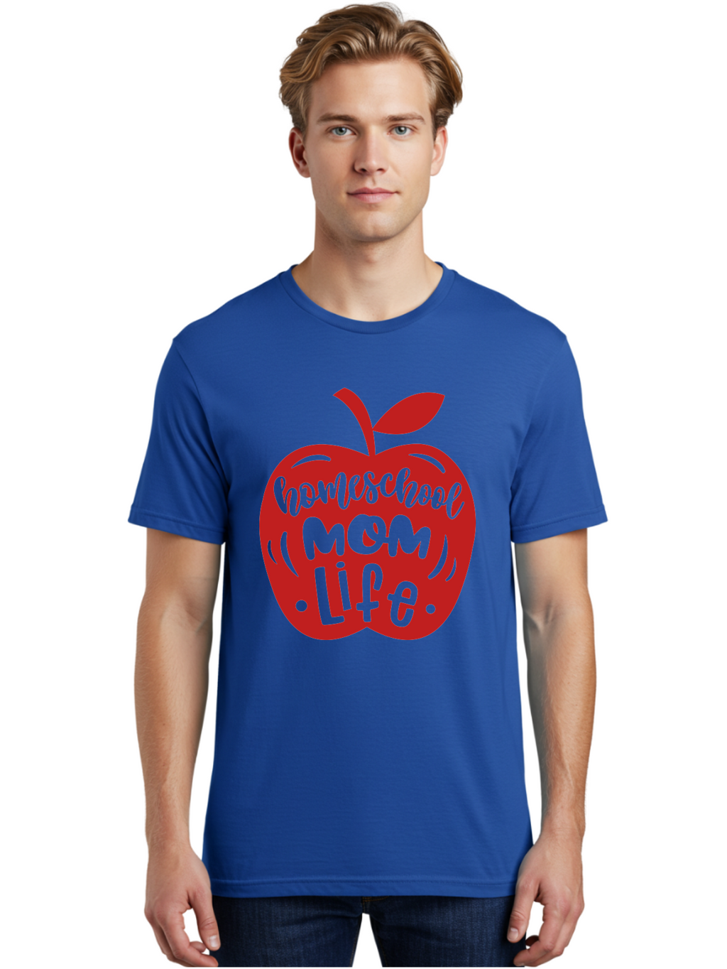 Homeschool-Mom-Life-2 Men'S Graphic Tee, 100% Cotton, Comfortable Casual Summer Wear, Machine Washable, Homeschool Mom Life, Apple Graphic, Red Apple, Green Text, Mom Life, Homeschooling, Parenting, Education, Learning At Home Aab374