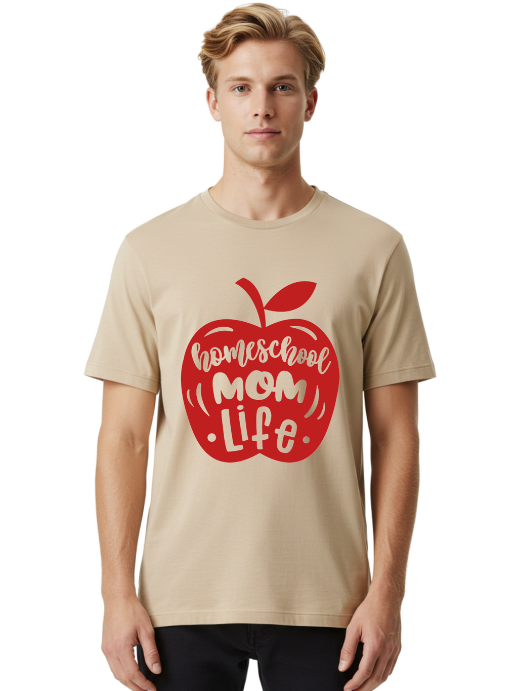 Homeschool-Mom-Life-2 Men'S Graphic Tee, 100% Cotton, Comfortable Casual Summer Wear, Machine Washable, Homeschool Mom Life, Apple Graphic, Red Apple, Green Text, Mom Life, Homeschooling, Parenting, Education, Learning At Home Aab374