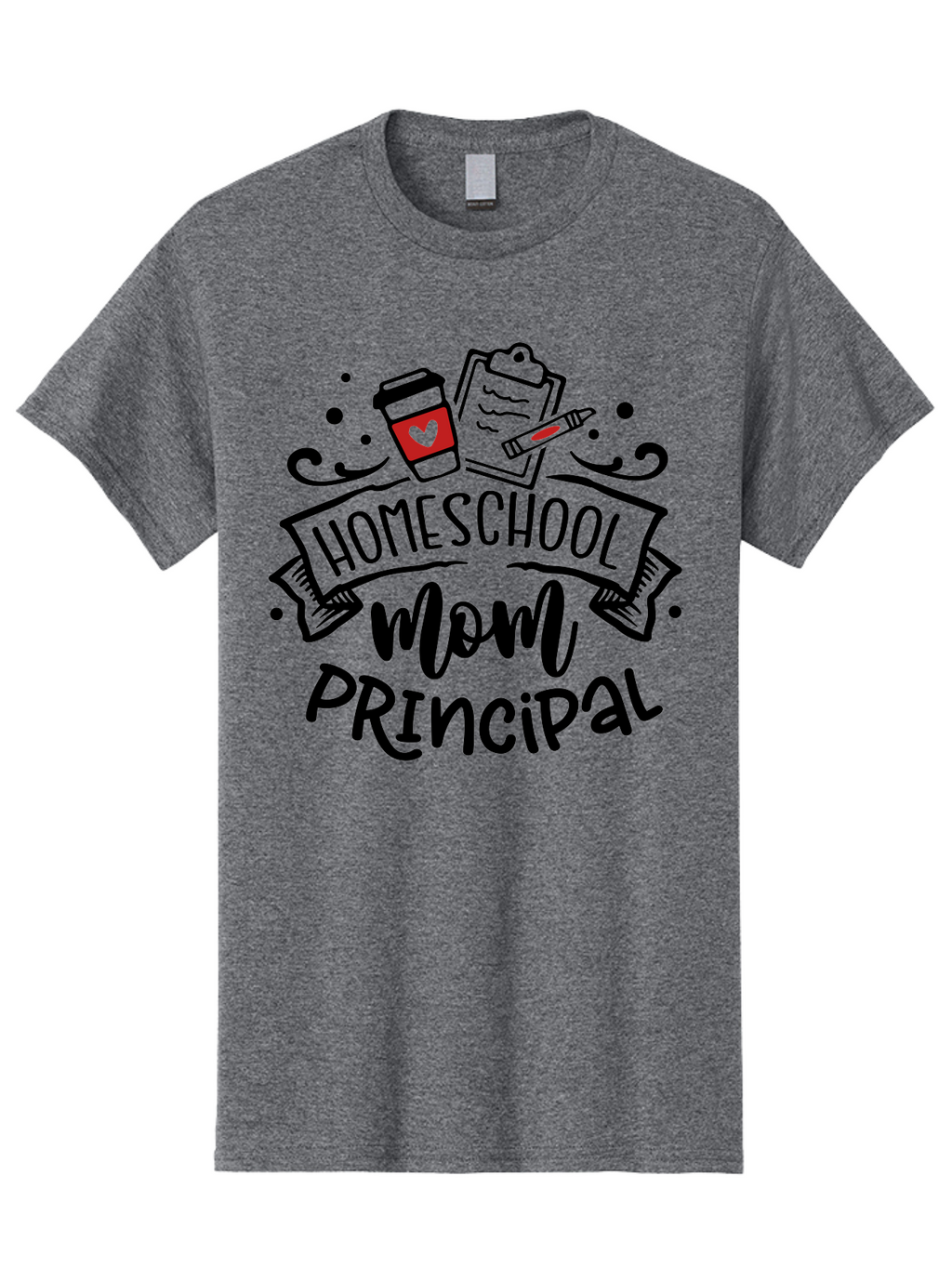 Homeschool-Mom-Principal-1 Men'S Graphic Tee, 100% Cotton, Comfortable Casual Summer Wear, Machine Washable, Homeschool Mom, Principal, Coffee Cup, Red Heart, Clipboard, Pencil, Education, Learning, Parenting, Homeschooling, Teaching, Aab376