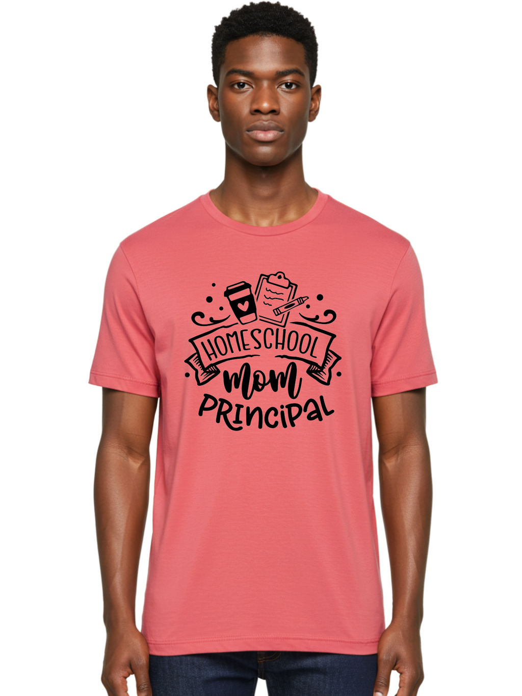 Homeschool-Mom-Principal Men'S Graphic Tee, 100% Cotton, Comfortable Casual Summer Wear, Machine Washable, Homeschool Mom, Principal, Education, Learning, Teaching, Coffee Cup, Clipboard, Pencil, Doodle Art, Playful Design, Homeschooling, Aab379