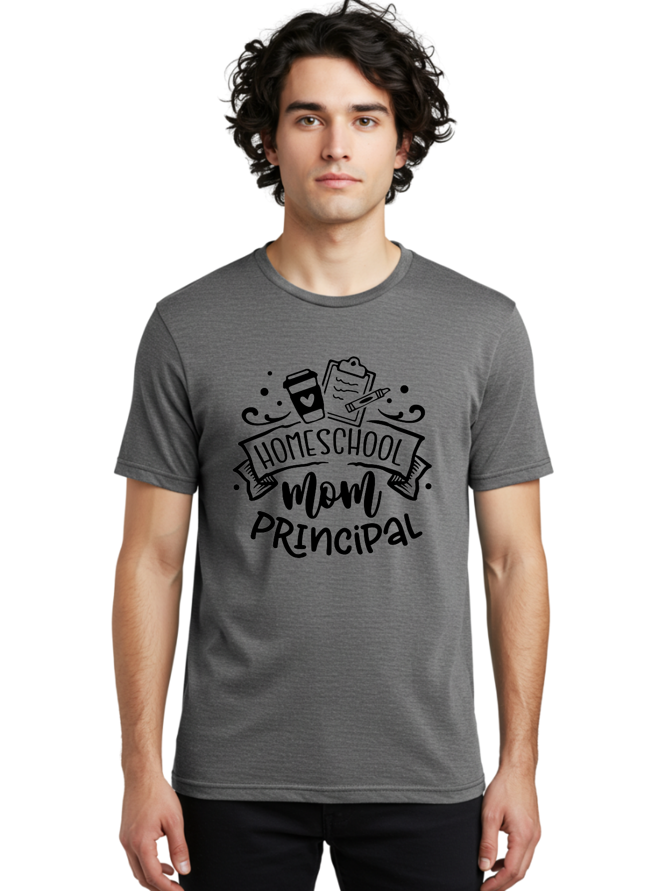 Homeschool-Mom-Principal Men'S Graphic Tee, 100% Cotton, Comfortable Casual Summer Wear, Machine Washable, Homeschool Mom, Principal, Education, Learning, Teaching, Coffee Cup, Clipboard, Pencil, Doodle Art, Playful Design, Homeschooling, Aab379