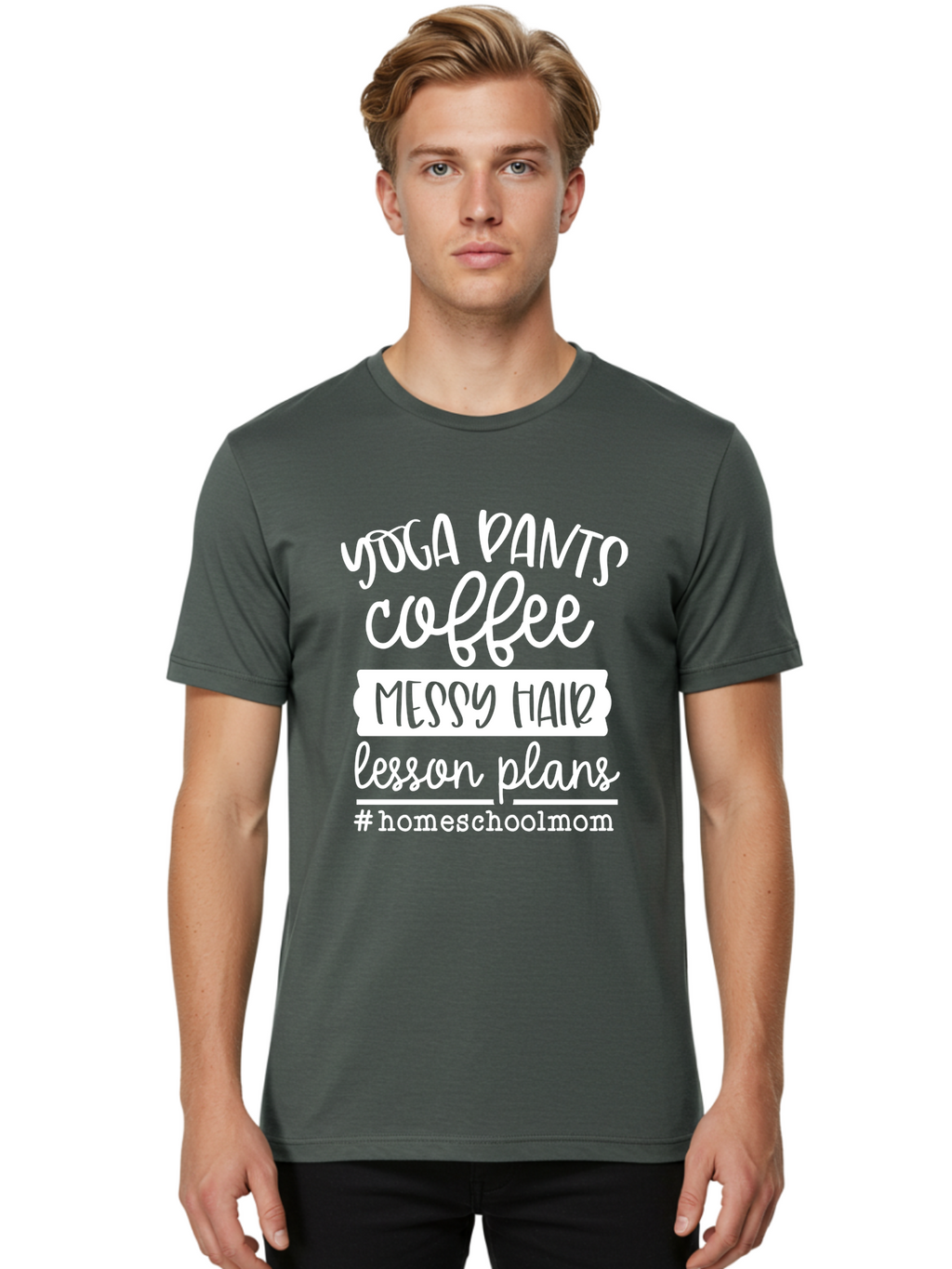 Homeschool-Mom Men'S Graphic Tee, 100% Cotton, Comfortable Casual Summer Wear, Machine Washable, Homeschool Mom, Yoga Pants, Coffee Fuel, Messy Hair, Lesson Plans, Homeschooling Lifestyle, Mom Life, Homeschool Routine, Coffee Lover Aab384