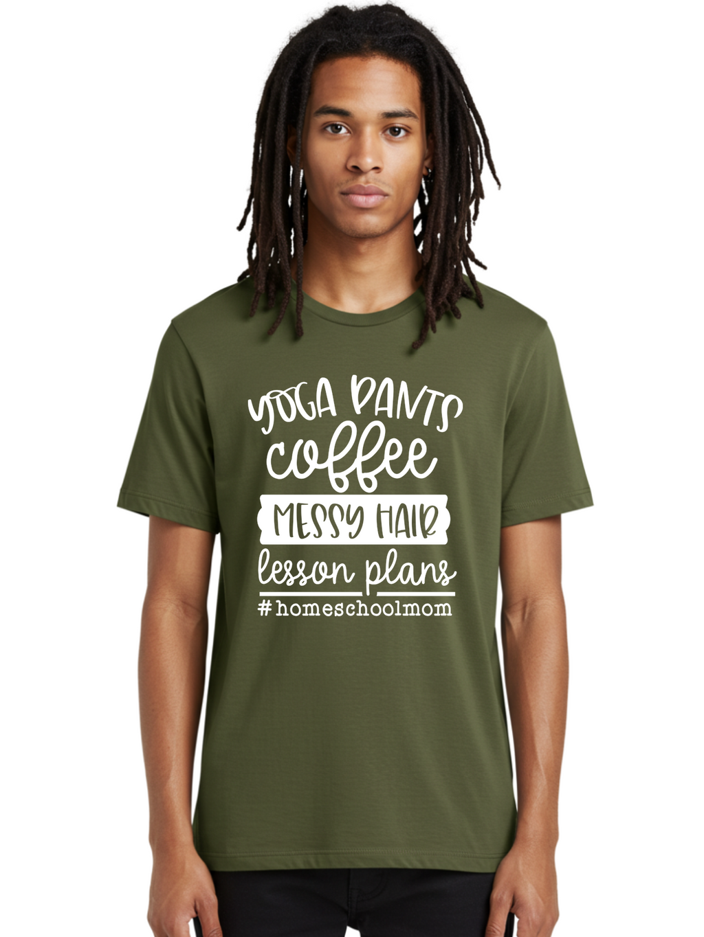Homeschool-Mom Men'S Graphic Tee, 100% Cotton, Comfortable Casual Summer Wear, Machine Washable, Homeschool Mom, Yoga Pants, Coffee Fuel, Messy Hair, Lesson Plans, Homeschooling Lifestyle, Mom Life, Homeschool Routine, Coffee Lover Aab384